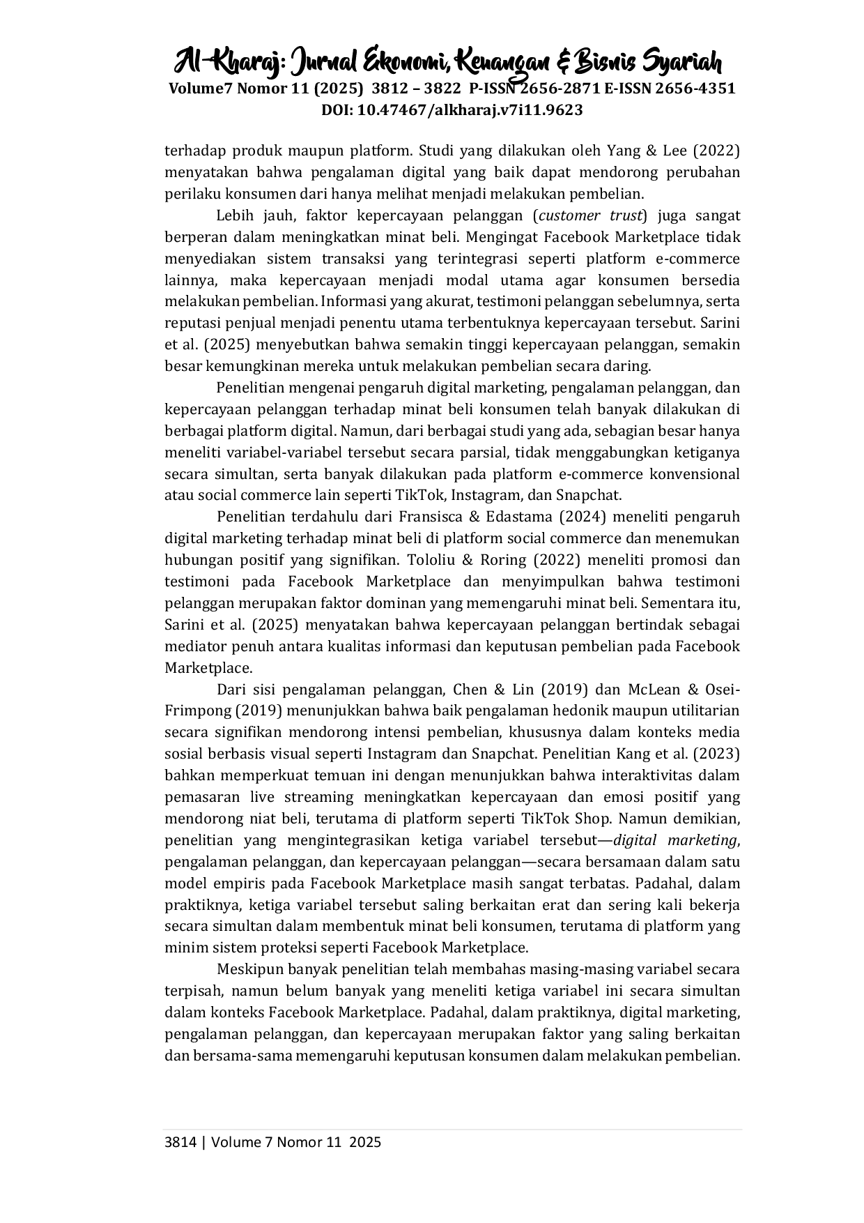 juris Pengaruh Digital Marketing Pengalaman Pelanggan Dan Kepercayaan Pelanggan Terhadap Minat Beli pada Platform Marketplace Facebook
