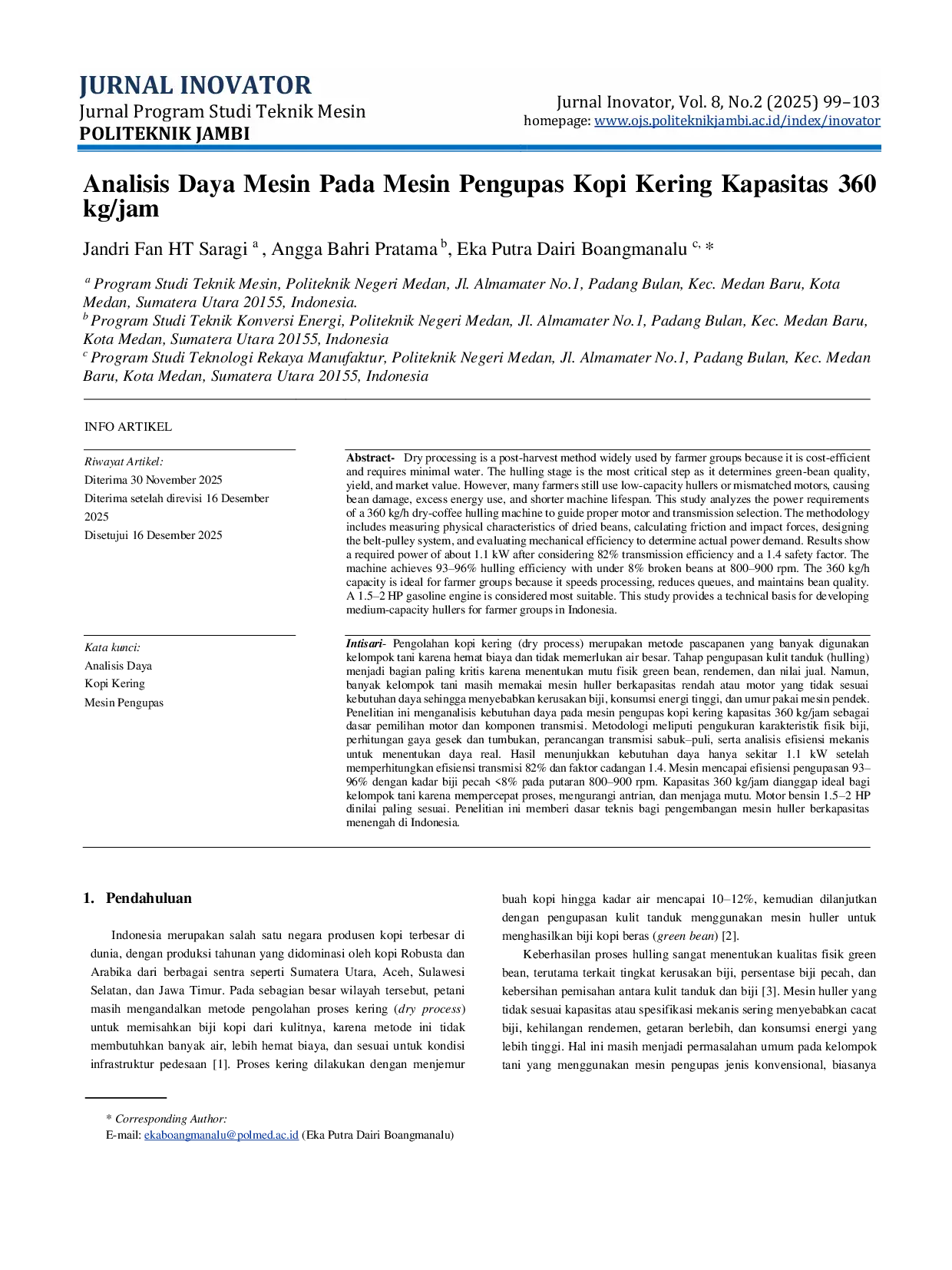 JURIS Analisis Daya Mesin Pada Mesin Pengupas Kopi Kering Kapasitas 360 Kg Jam