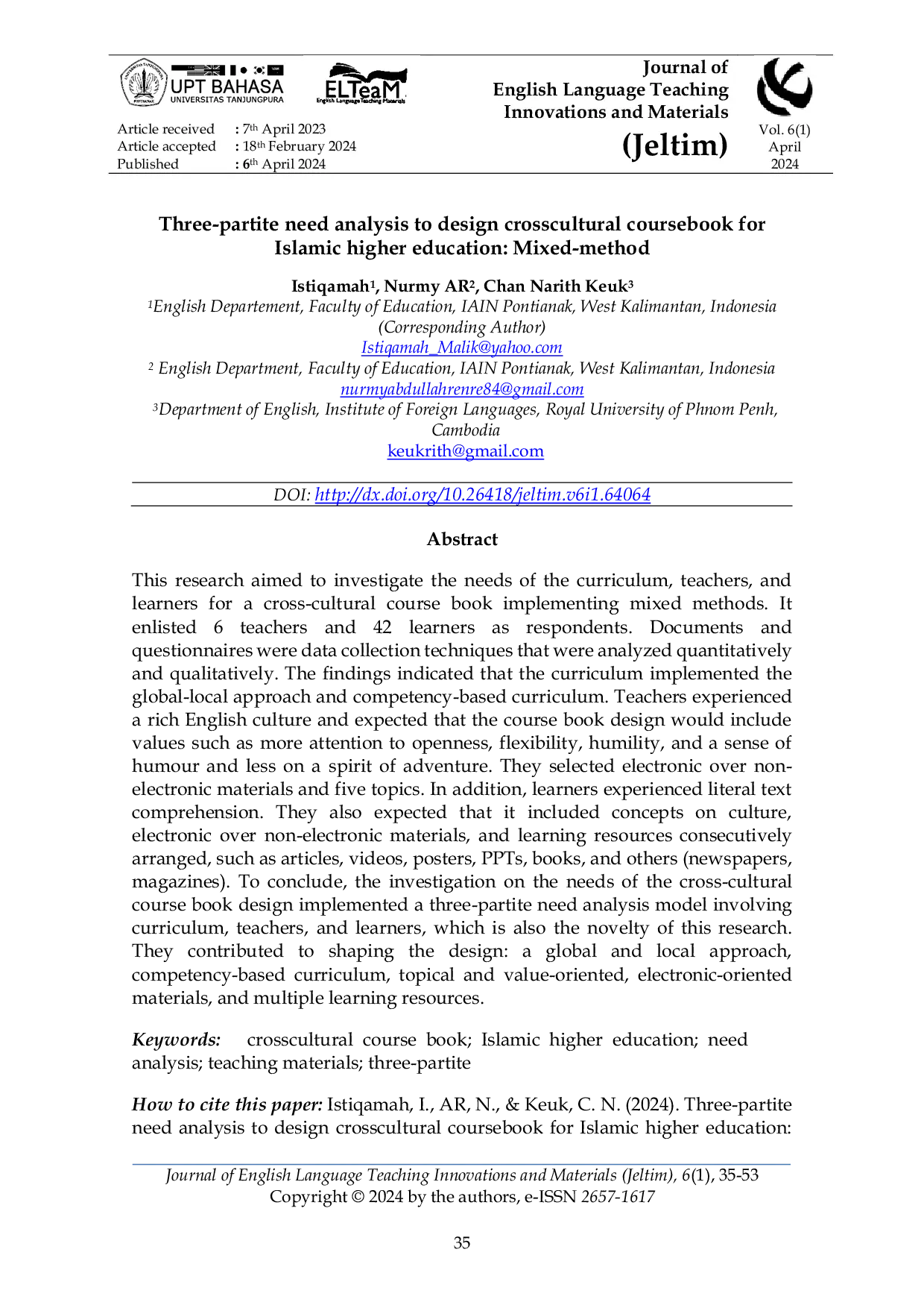 JURIS Three Partite Need Analysis to Design Crosscultural Coursebook for Islamic Higher Education Mixed Method