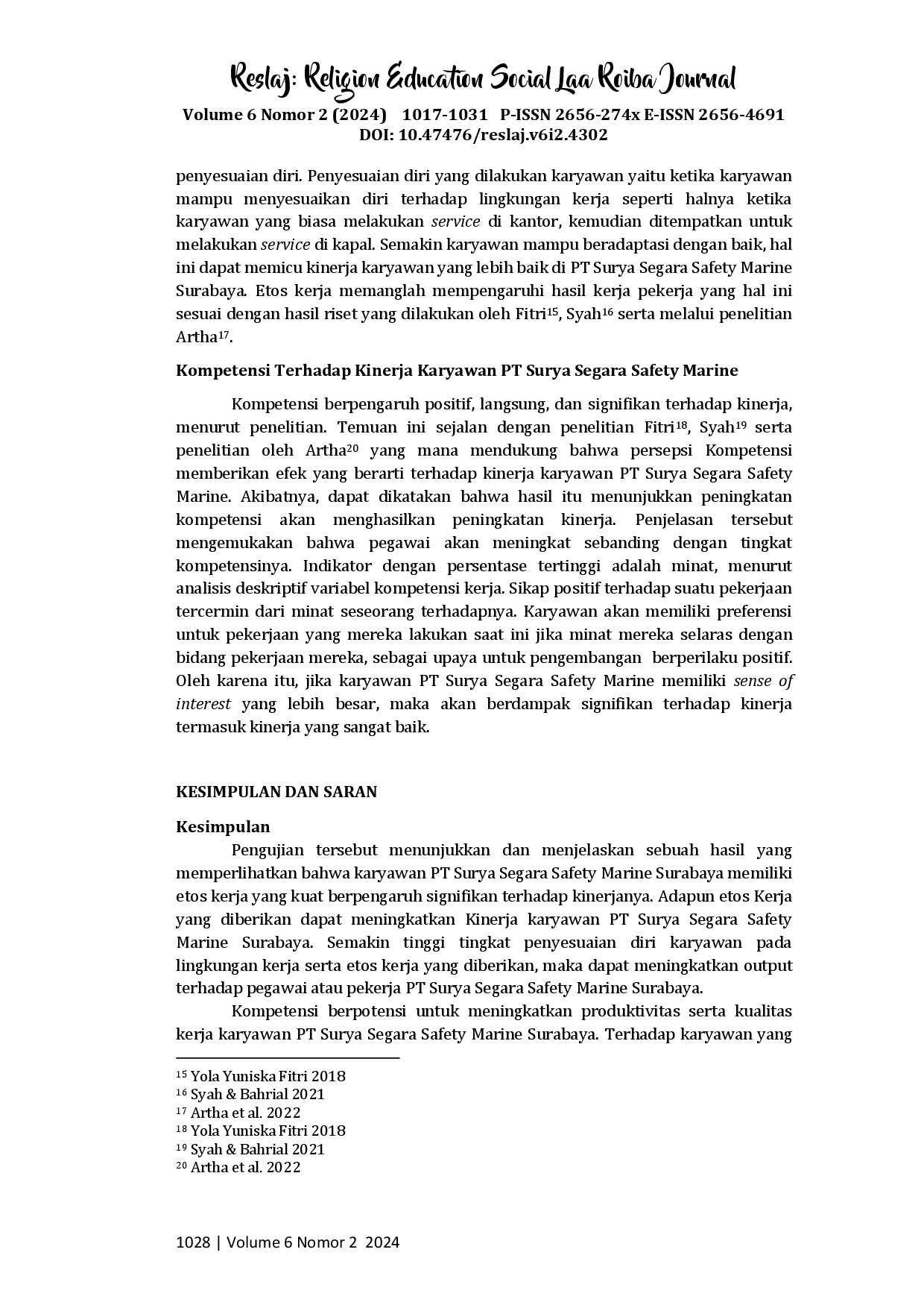 juris Pengaruh Etos Kerja dan Kompetensi Terhadap Kinerja Karyawan PT Surya Segara Safety Marine