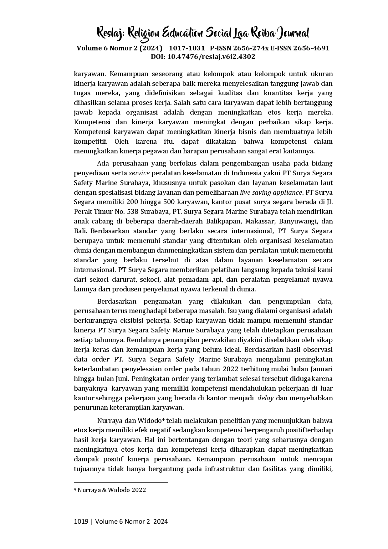 juris Pengaruh Etos Kerja dan Kompetensi Terhadap Kinerja Karyawan PT Surya Segara Safety Marine