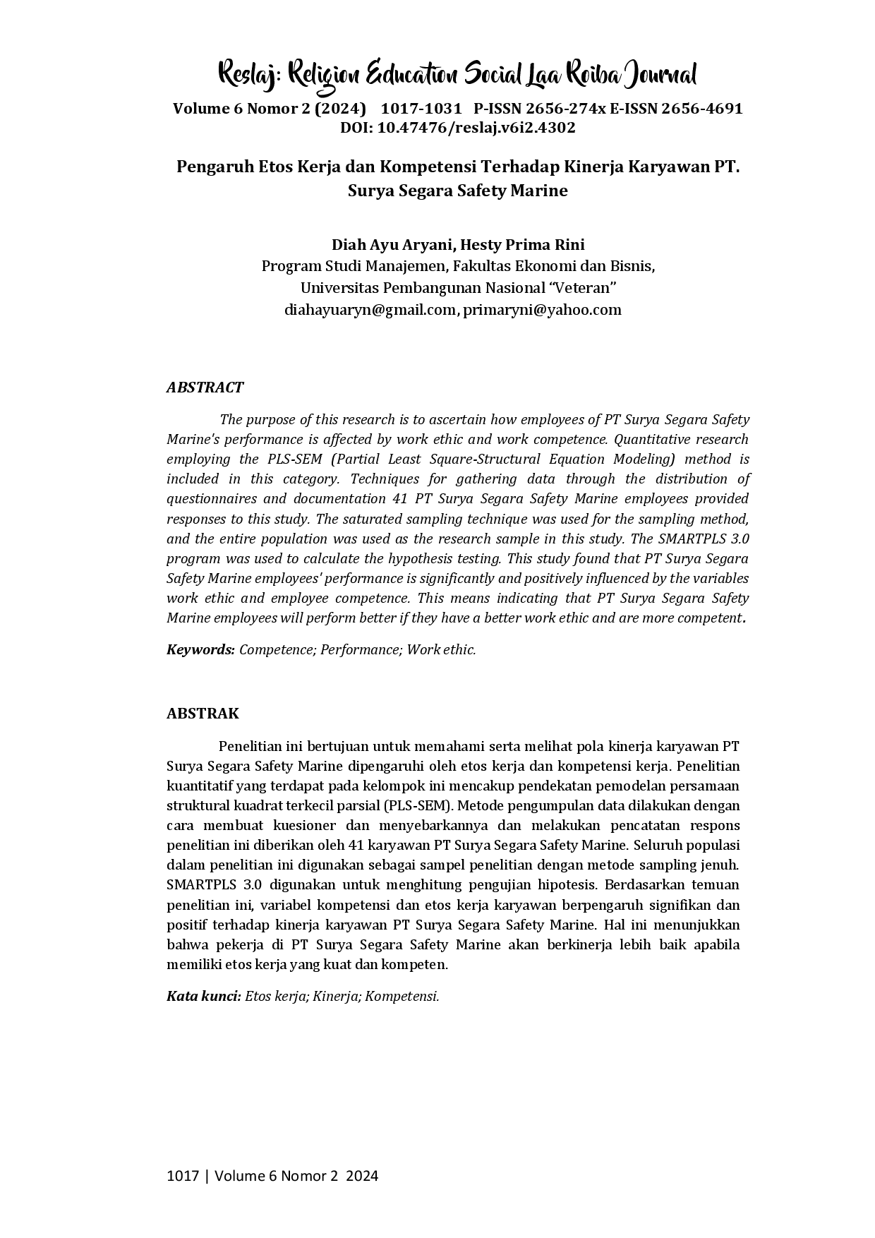 juris Pengaruh Etos Kerja dan Kompetensi Terhadap Kinerja Karyawan PT Surya Segara Safety Marine