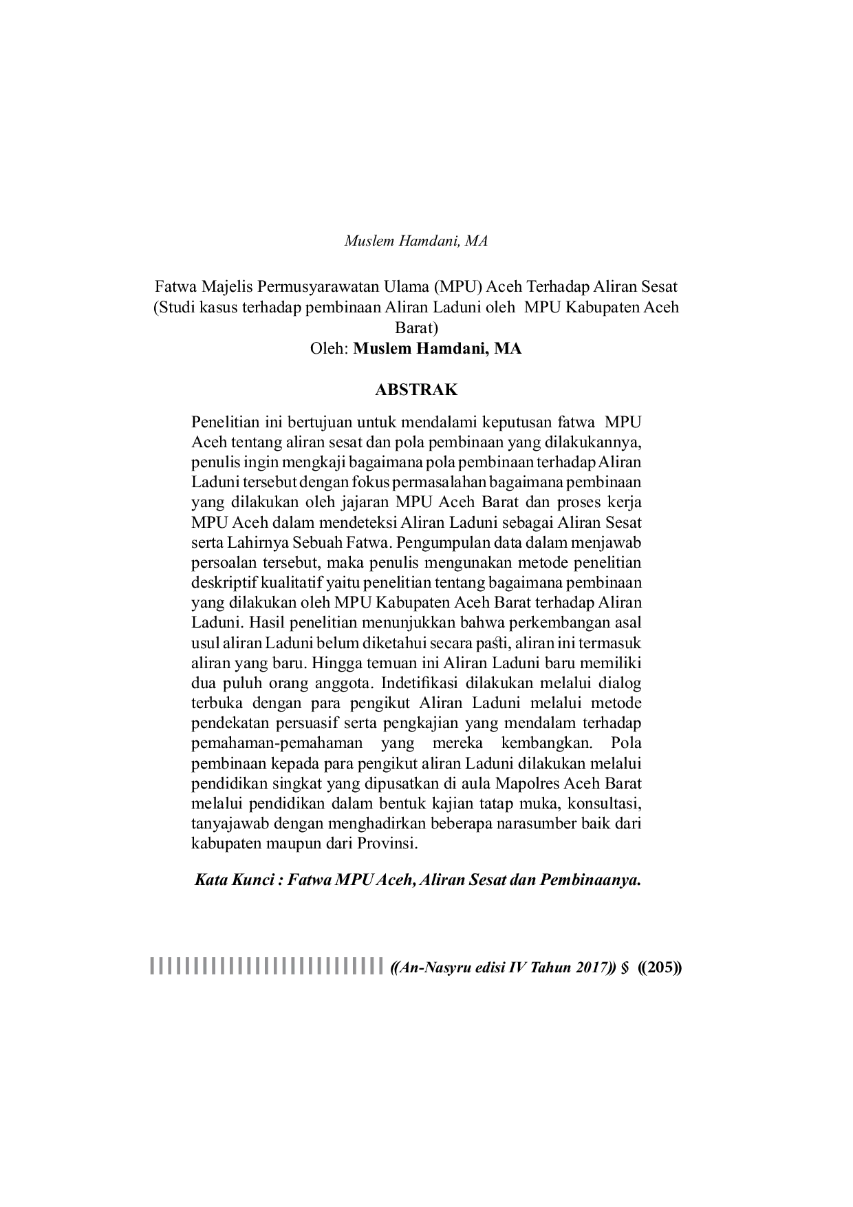 JURIS Fatwa Majelis Permusyarawatan Ulama MPU Aceh Terhadap Aliran Sesat