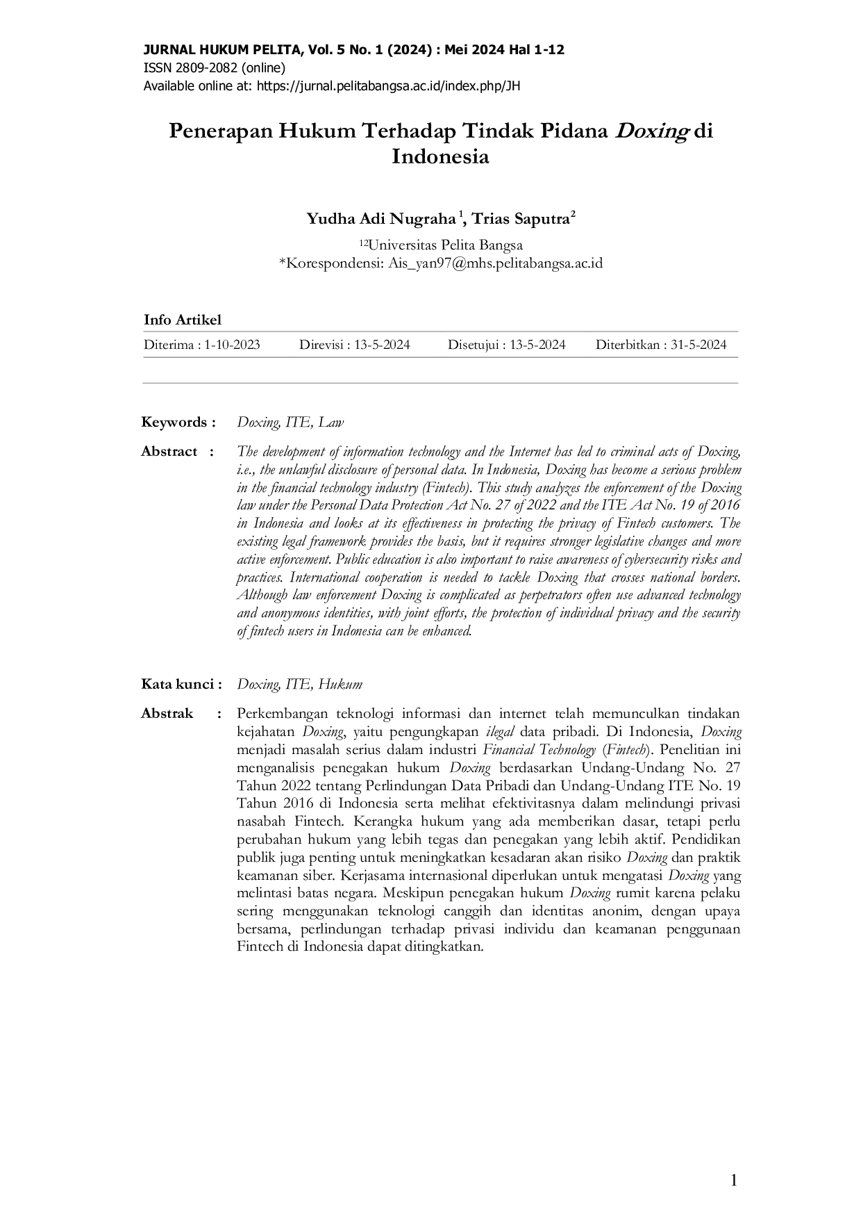 JURIS Penerapan Hukum Terhadap Tindak Pidana Doxing di Indonesia