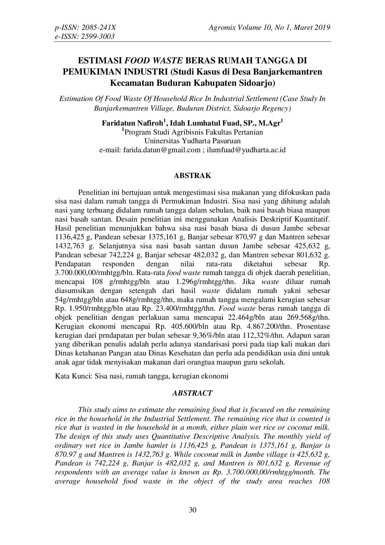 JURIS Estimasi Food Waste Beras Rumah Tangga Di Pemukiman Industri Studi Kasus Di Desa Banjarkemantren Kecamatan Buduran Kabupaten Sidoarjo