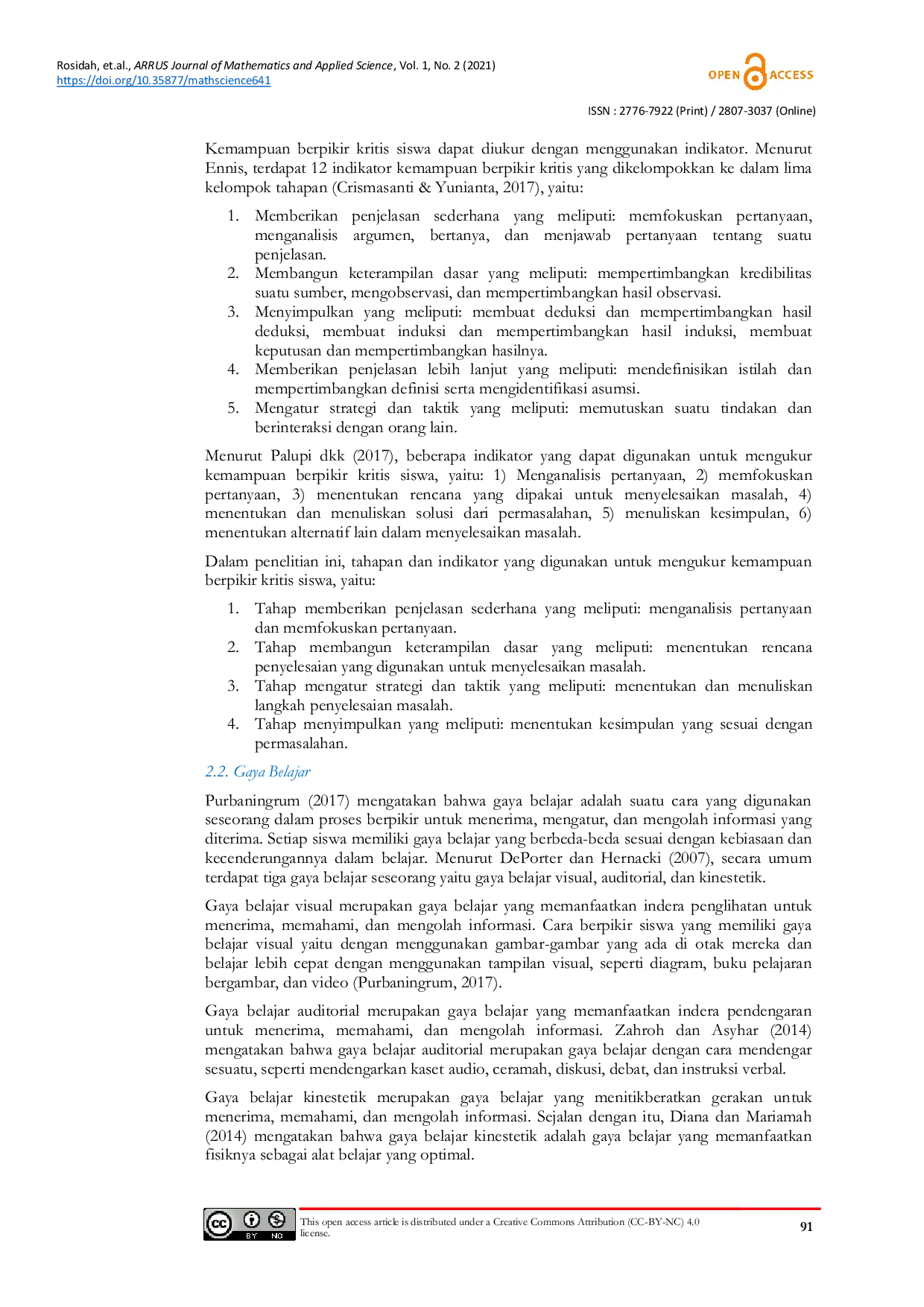 JURIS Description of Students Critical Thinking Skills in Solving Open Ended Problems Based on Their Learning Style