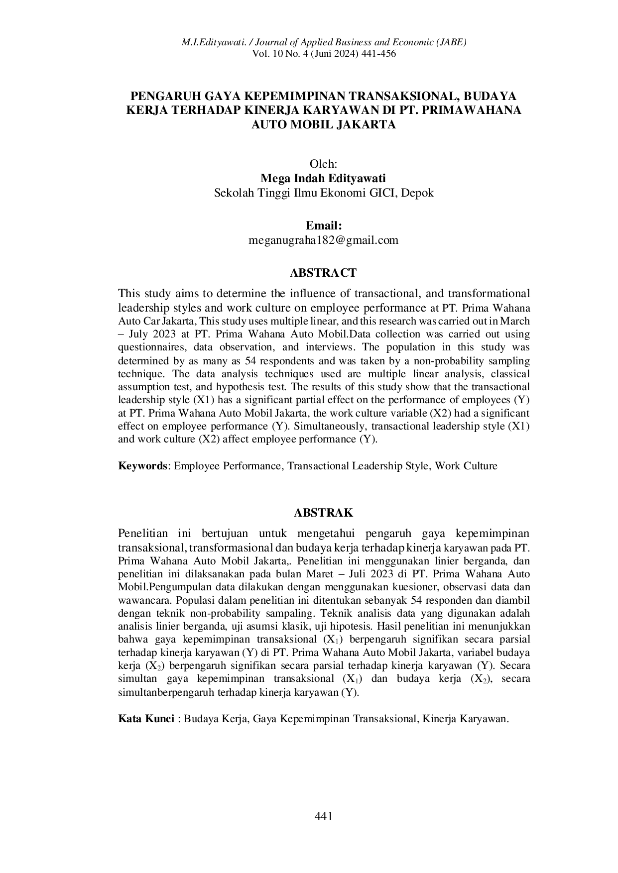 JURIS PENGARUH GAYA KEPEMIMPINAN TRANSAKSIONAL BUDAYA KERJA TERHADAP KINERJA KARYAWAN DI PT PRIMAWAHANA AUTO MOBIL JAKARTA