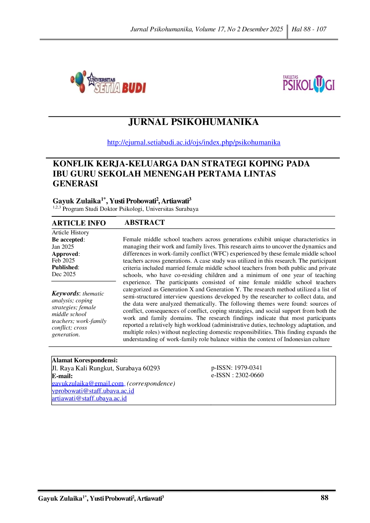 JURIS Konflik Kerja Keluarga Dan Strategi Koping Pada Ibu Guru Sekolah Menengah Pertama Lintas Generasi