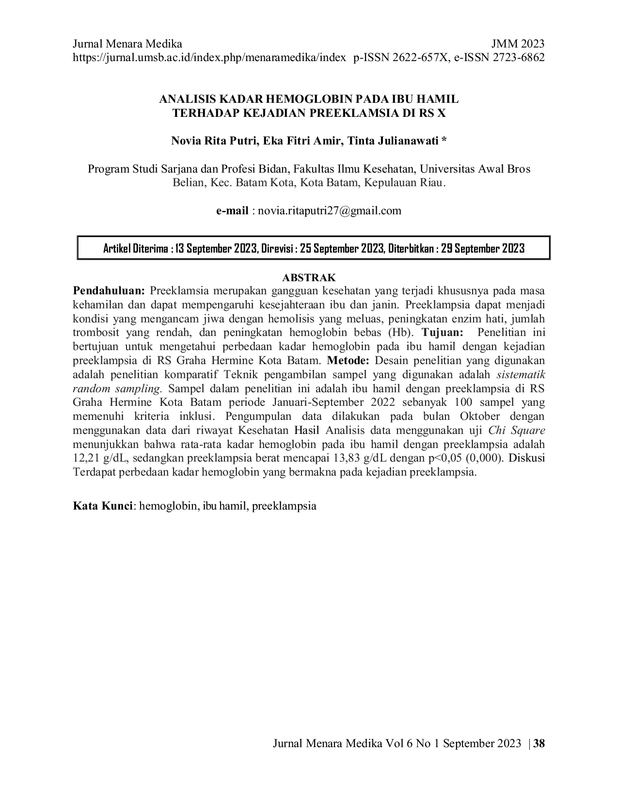 JURIS Analisis Kadar Hemoglobin Pada Ibu Hamil Terhadap Kejadian Preeklampsia Di Rs X