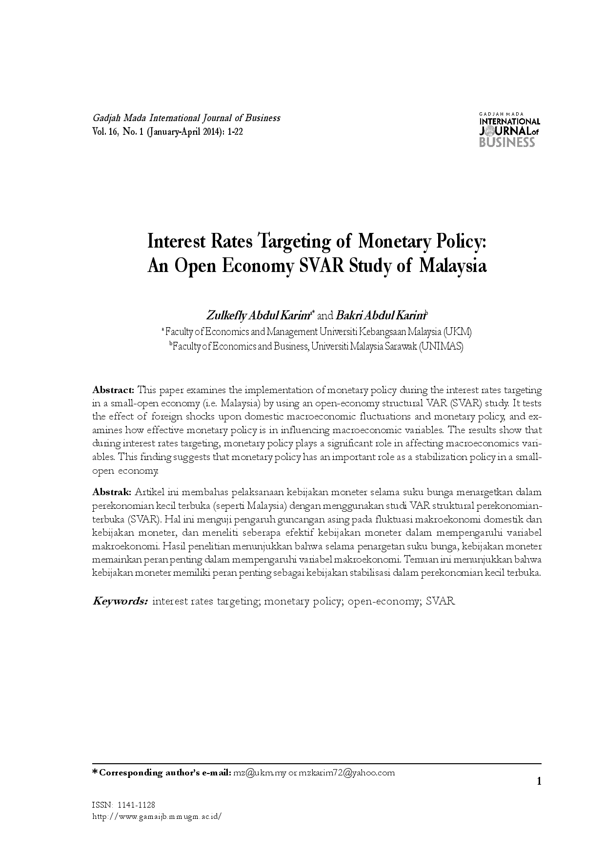 juris Interest Rates Targeting of Monetary Policy An Open Economy SVAR Study of Malaysia
