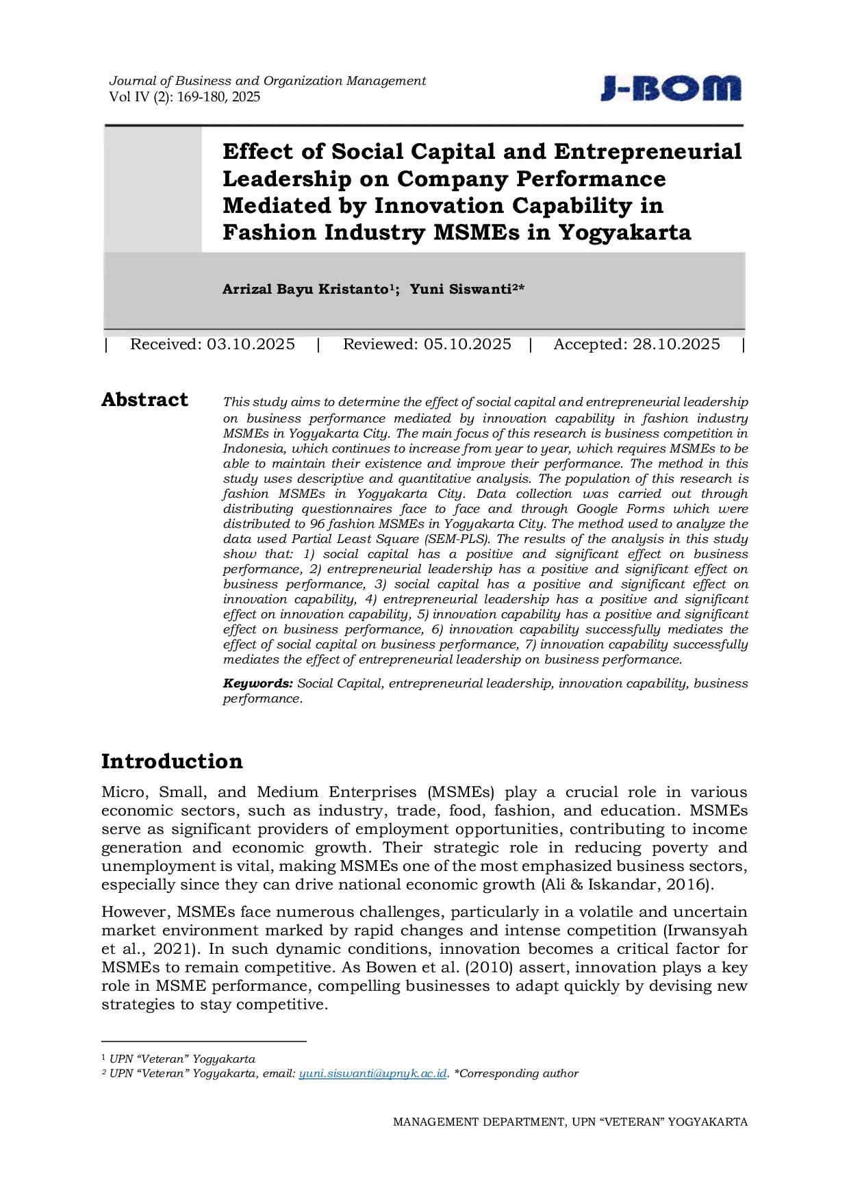 JURIS Effect of Social Capital and Entrepreneurial Leadership on Company Performance Mediated by Innovation Capability in Fashion Industry MSMEs in Yogyakarta Survey of owners or managers of fashion MSMEs