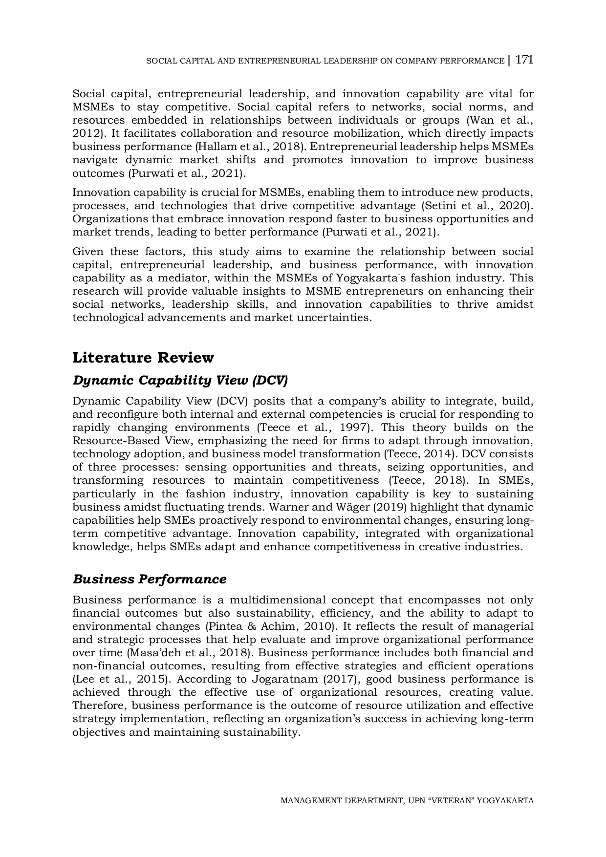 JURIS Effect of Social Capital and Entrepreneurial Leadership on Company Performance Mediated by Innovation Capability in Fashion Industry MSMEs in Yogyakarta Survey of owners or managers of fashion MSMEs
