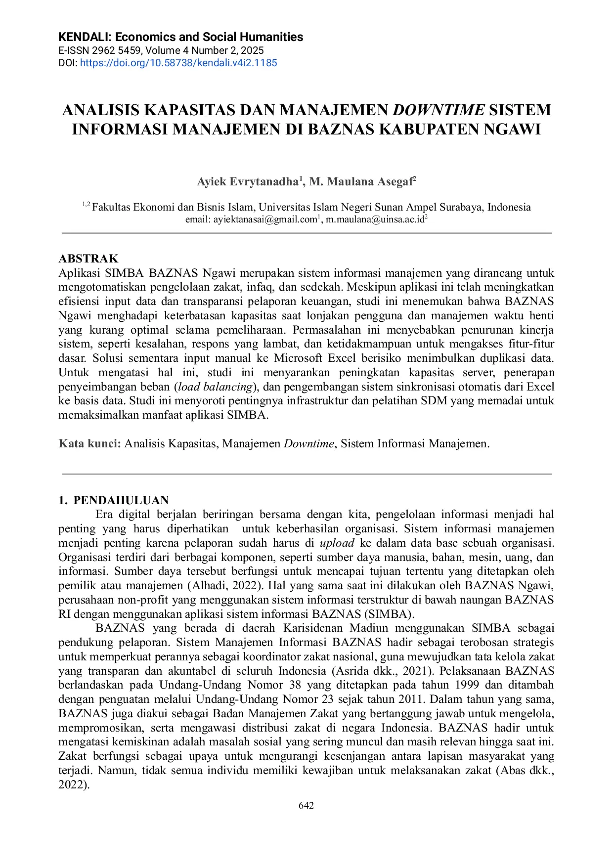 JURIS Analisis Kapasitas dan Manajemen Downtime Sistem Informasi Manajemen di Baznas Kabupaten Ngawi