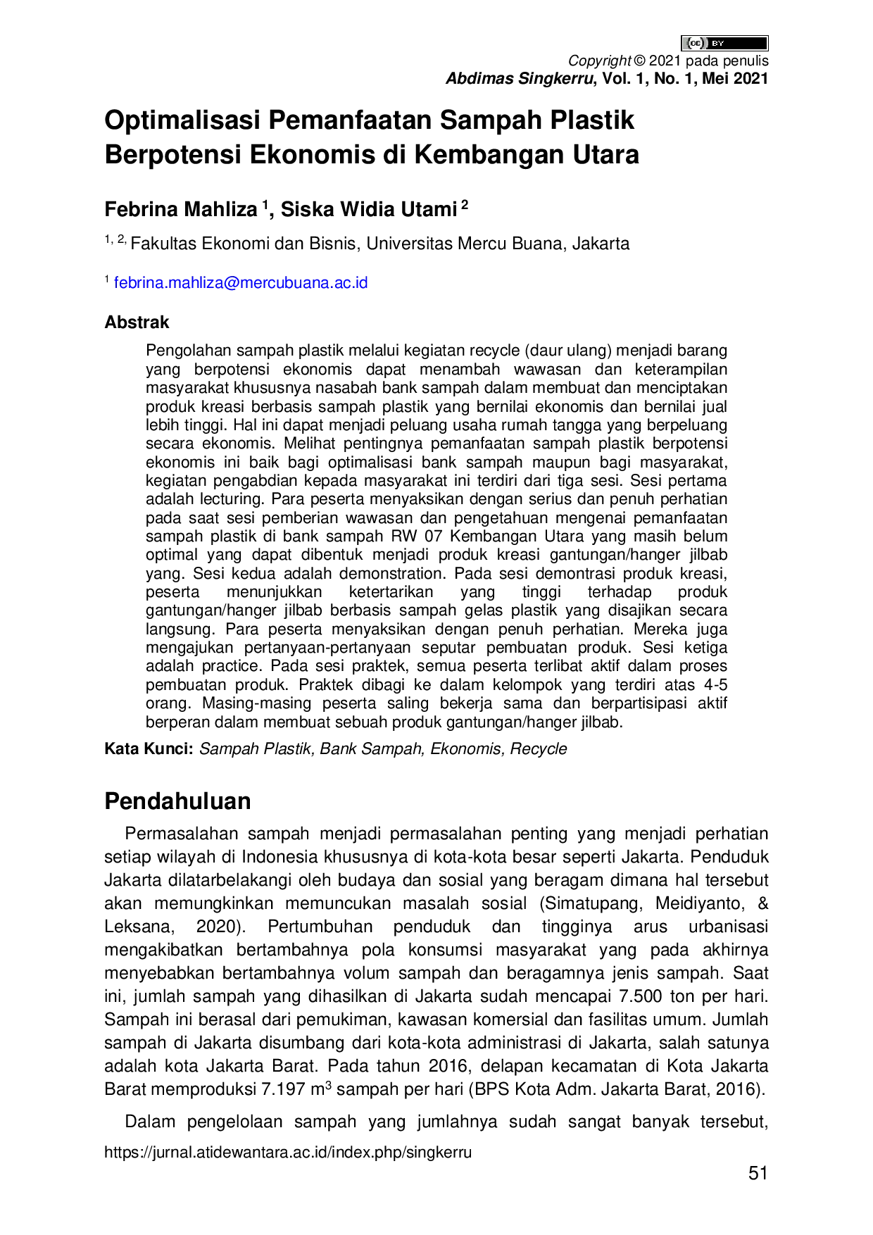 JURIS Optimalisasi Pemanfaatan Sampah Plastik Berpotensi Ekonomis di Kembangan Utara