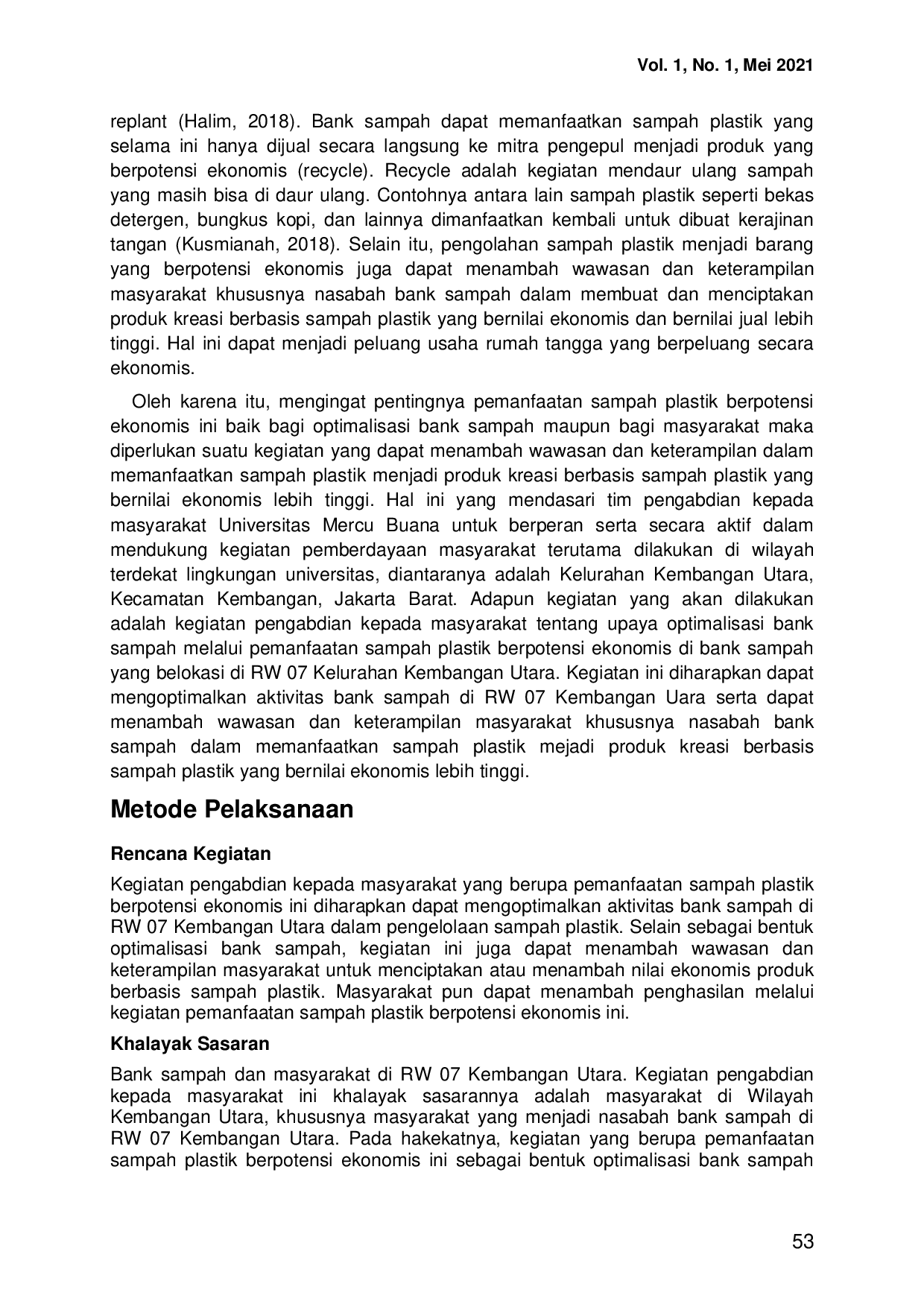 JURIS Optimalisasi Pemanfaatan Sampah Plastik Berpotensi Ekonomis di Kembangan Utara