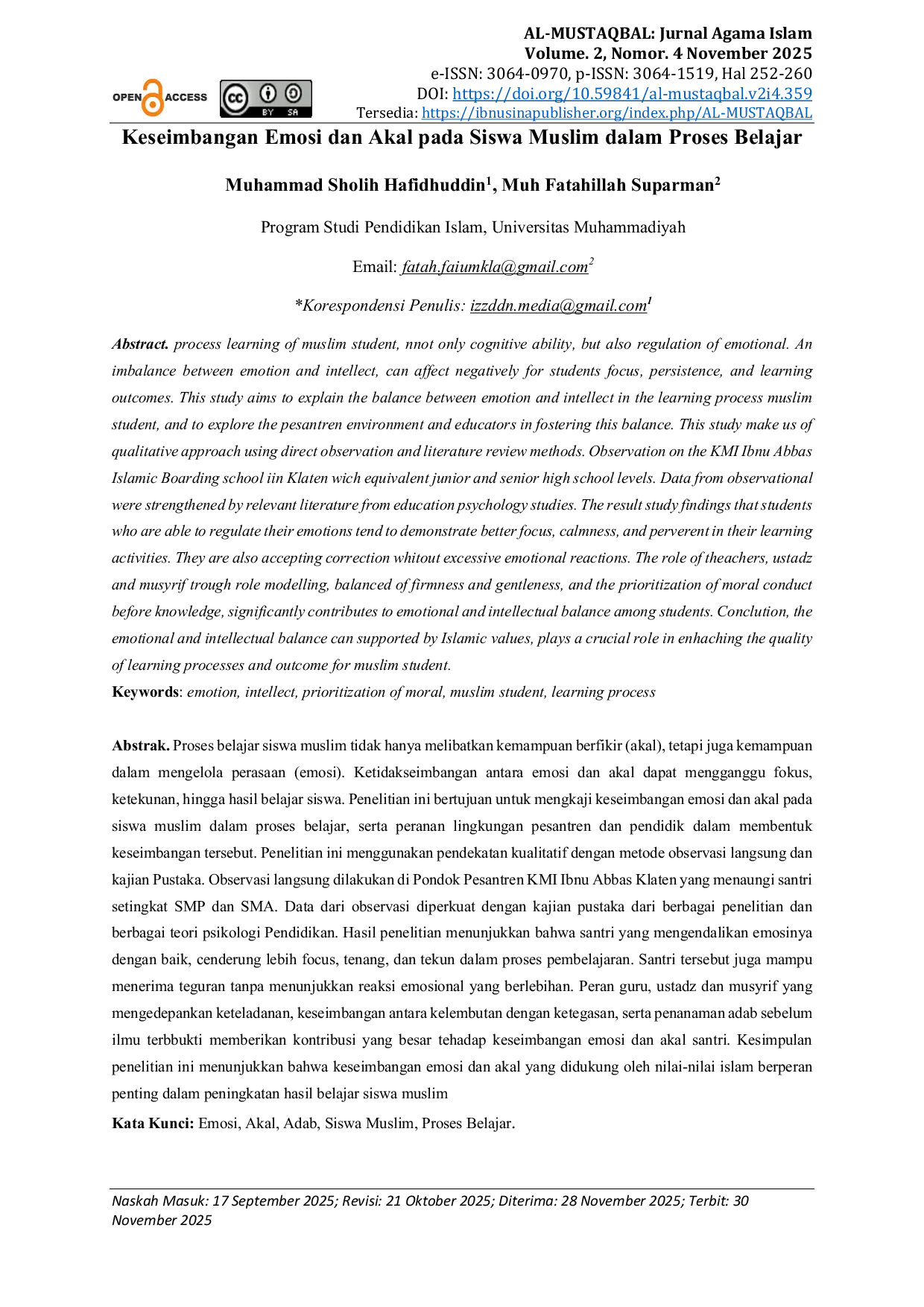 JURIS Keseimbangan Emosi dan Akal pada Siswa Muslim dalam Proses Belajar