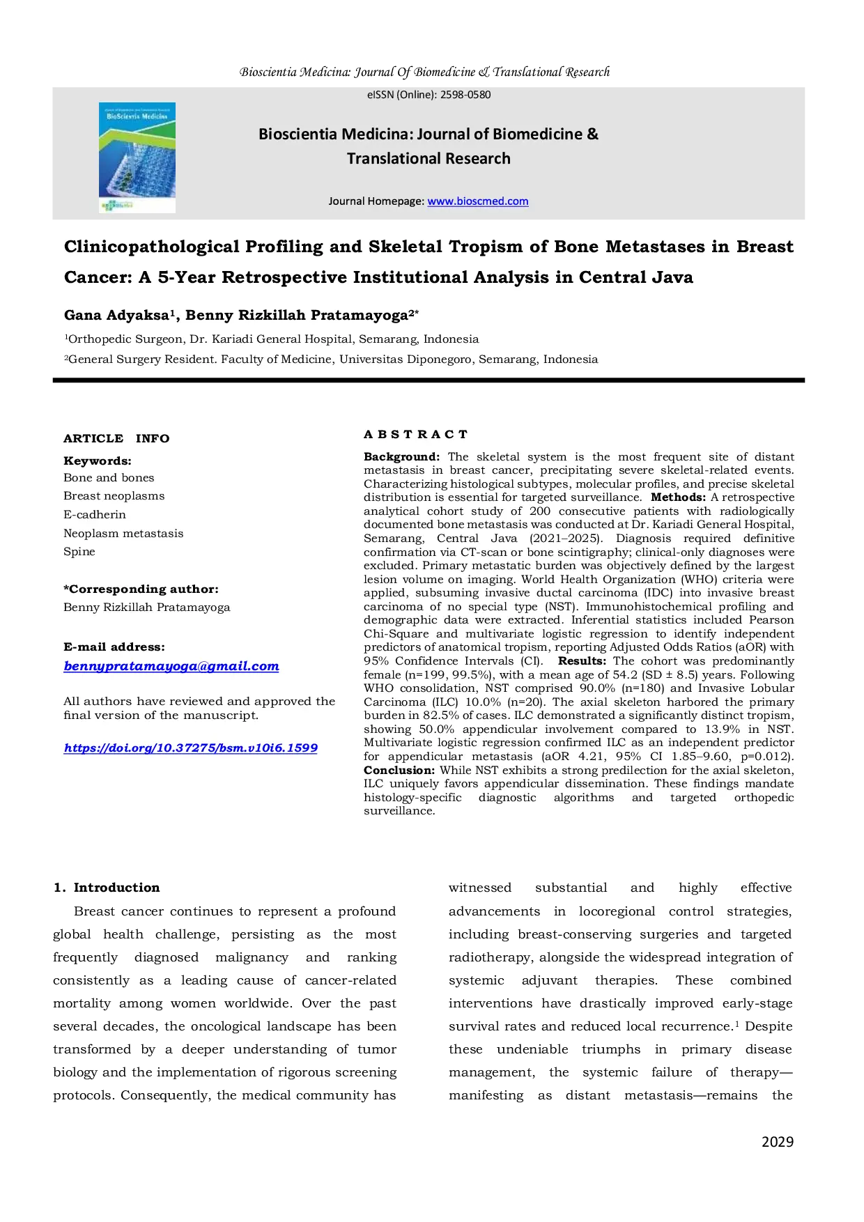 JURIS Clinicopathological Profiling and Skeletal Tropism of Bone Metastases in Breast Cancer A 5 Year Retrospective Institutional Analysis in Central Java