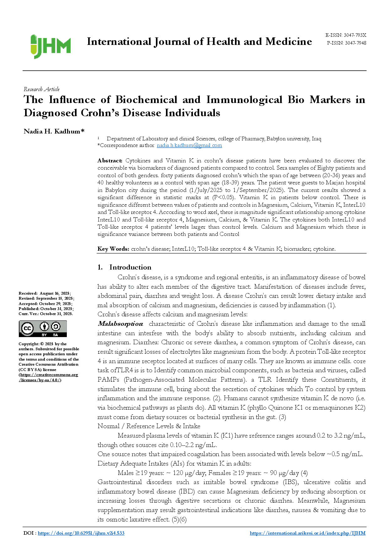 juris The Influence of Biochemical and Immunological Bio Markers in Diagnosed Crohn s Disease Individuals
