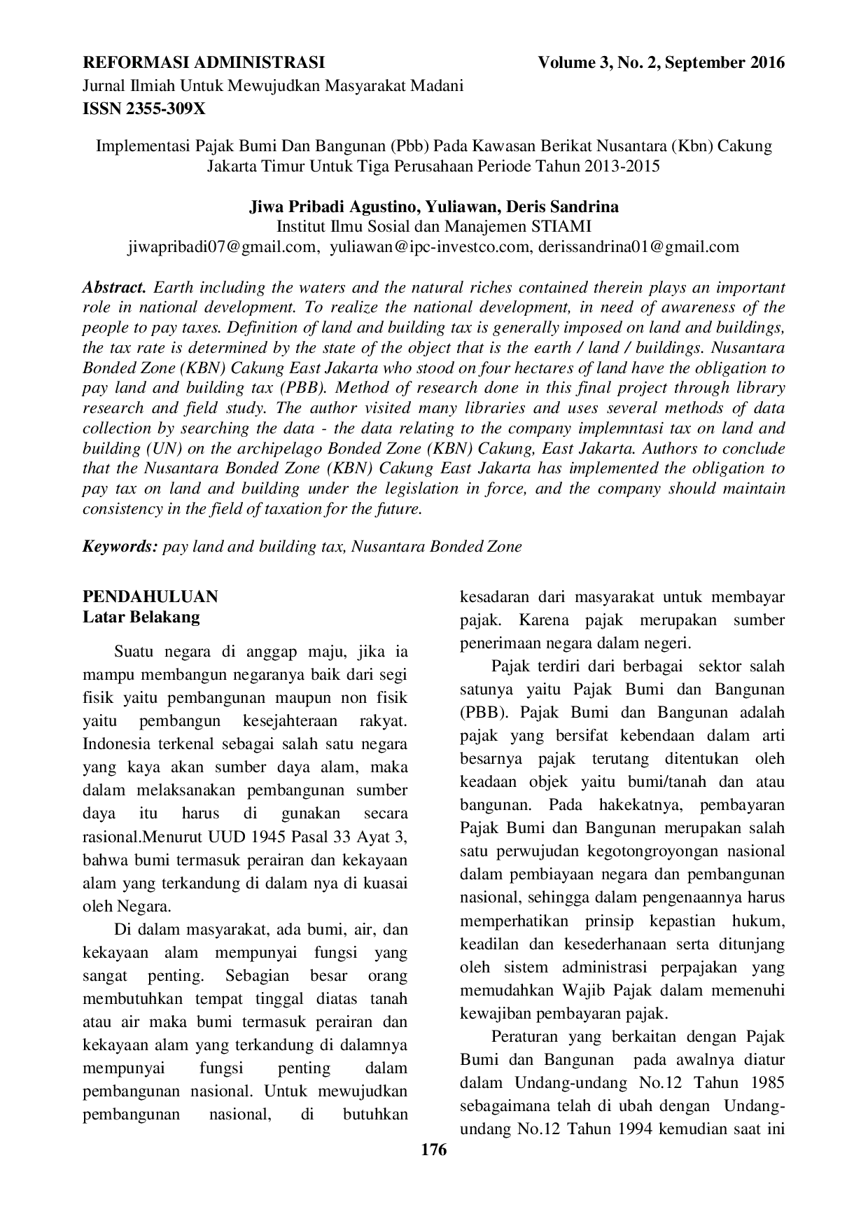 JURIS Implementasi Pajak Bumi Dan Bangunan Pbb Pada Kawasan Berikat Nusantara Kbn Cakung Jakarta Timur Untuk Tiga Perusahaan Periode Tahun 2013 2015