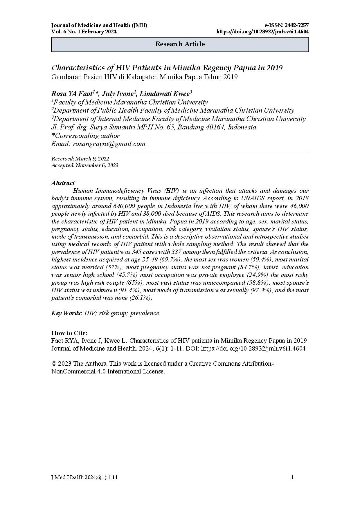 juris Characteristics of HIV Patients in Mimika Regency Papua in 2019