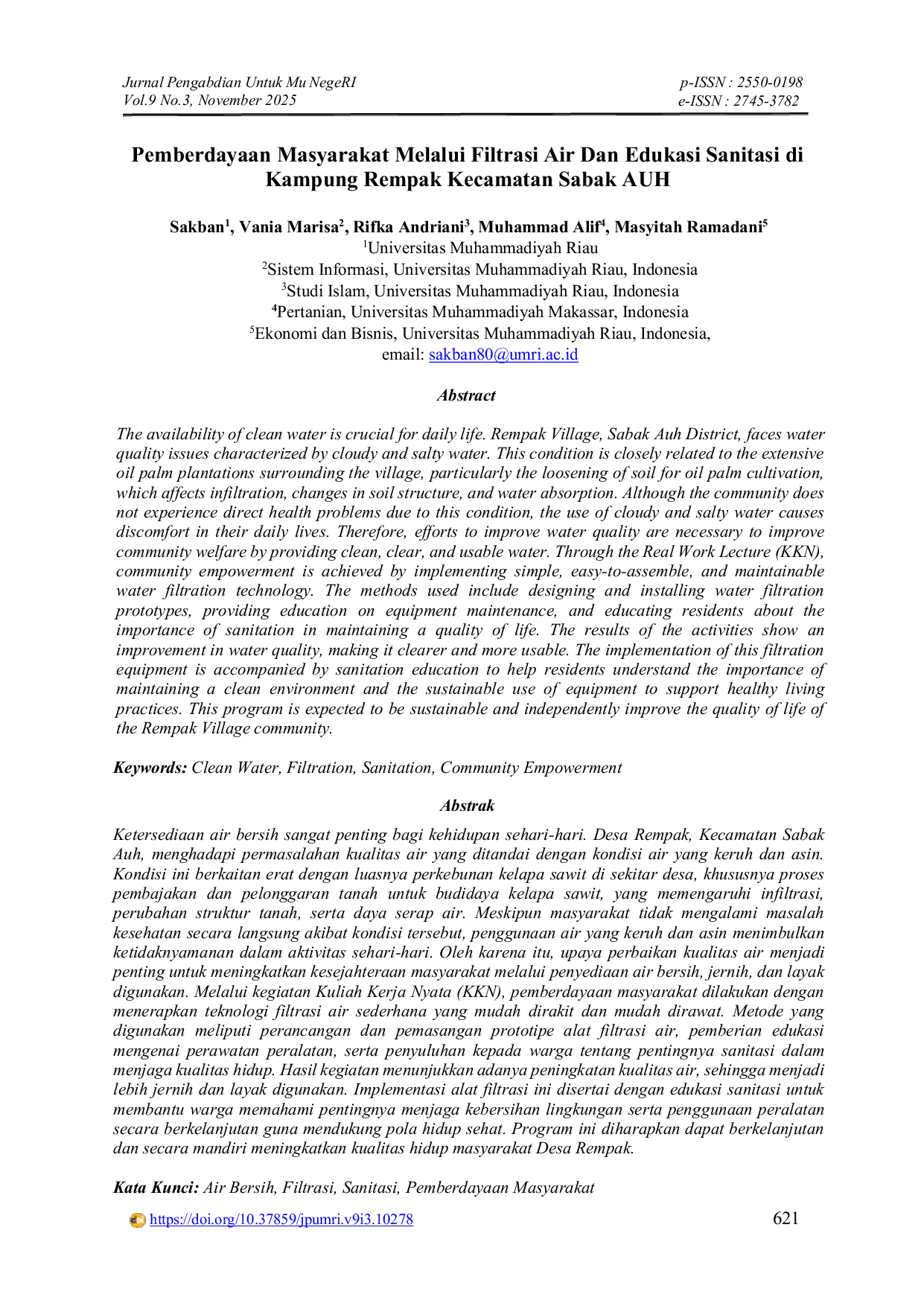 JURIS Pemberdayaan Masyarakat Melalui Filtrasi Air Dan Edukasi Sanitasi di Kampung Rempak Kecamatan Sabak AUH