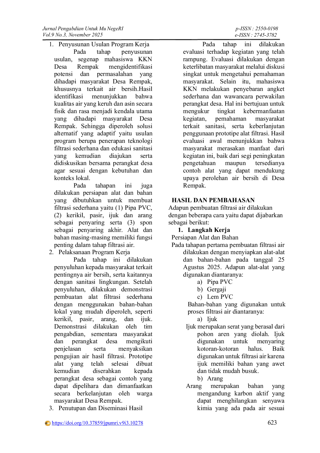 JURIS Pemberdayaan Masyarakat Melalui Filtrasi Air Dan Edukasi Sanitasi di Kampung Rempak Kecamatan Sabak AUH