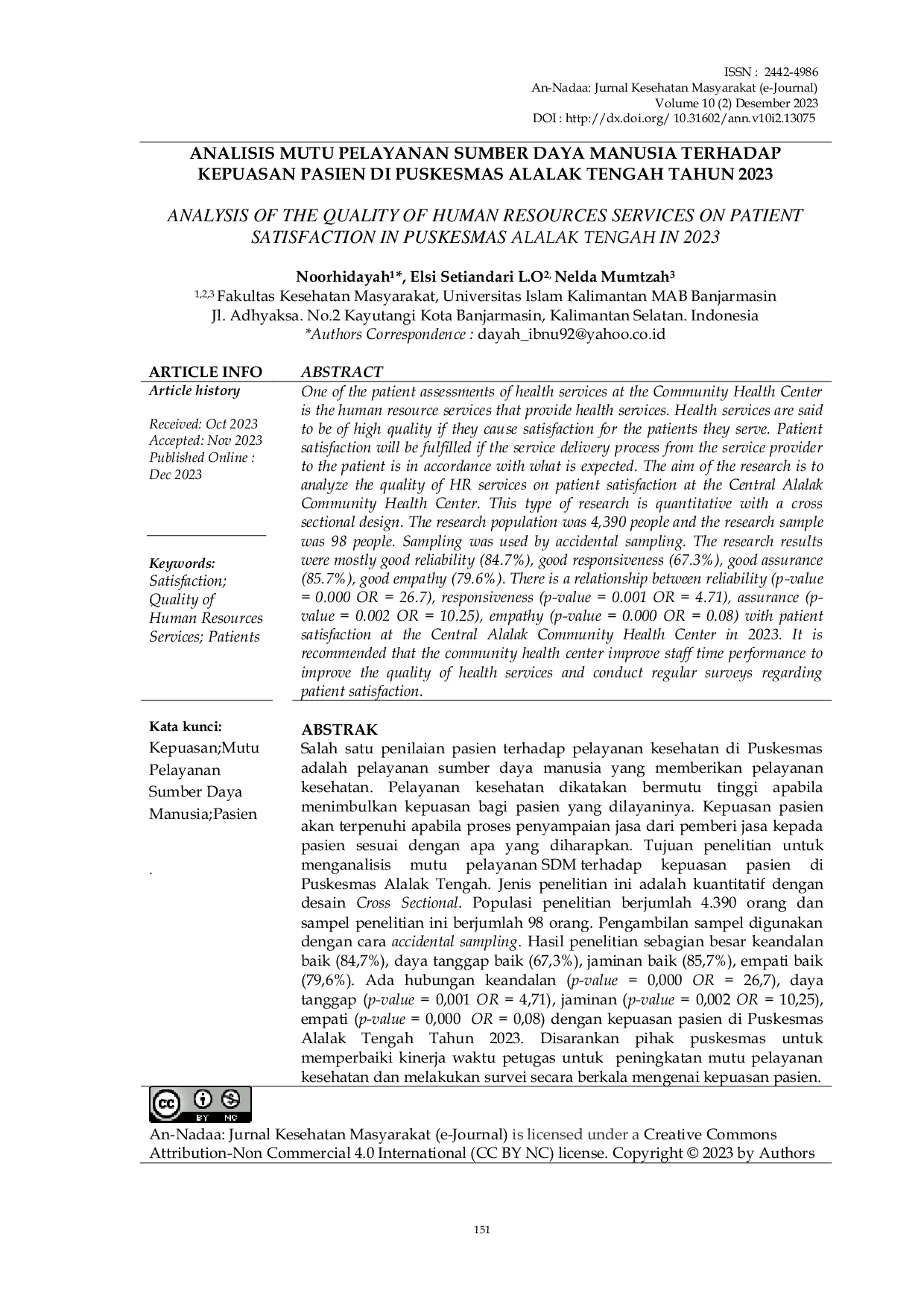 JURIS Analisis Mutu Pelayanan Sumber Daya Manusia Terhadap Kepuasan Pasien Di Puskesmas Alalak Tengah Tahun 2023