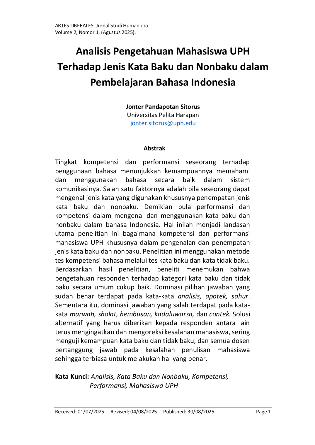 JURIS Analisis Pengetahuan Mahasiswa UPH terhadap Jenis Kata Baku dan Nonbaku dalam Pembelajaran Bahasa Indonesia