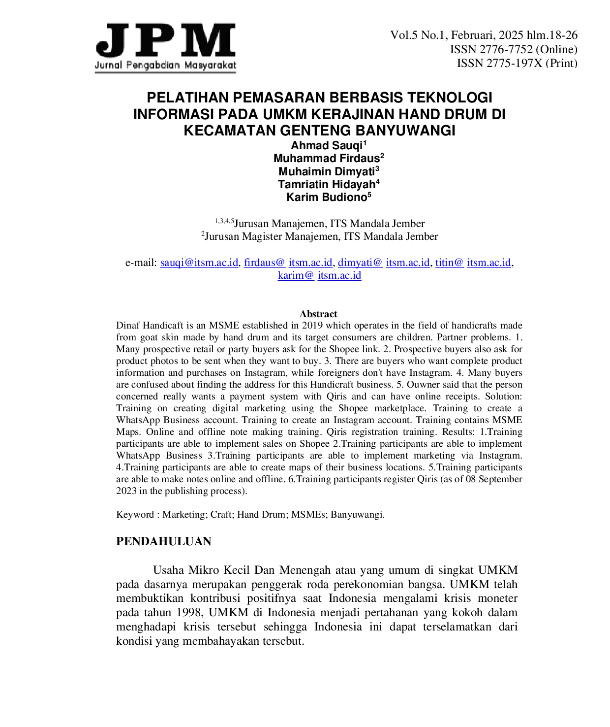 JURIS Pelatihan Pemasaran Berbasis Teknologi Informasi Pada UMKM Kerajinan Hand Drum Di Kecamatan Genteng Banyuwangi