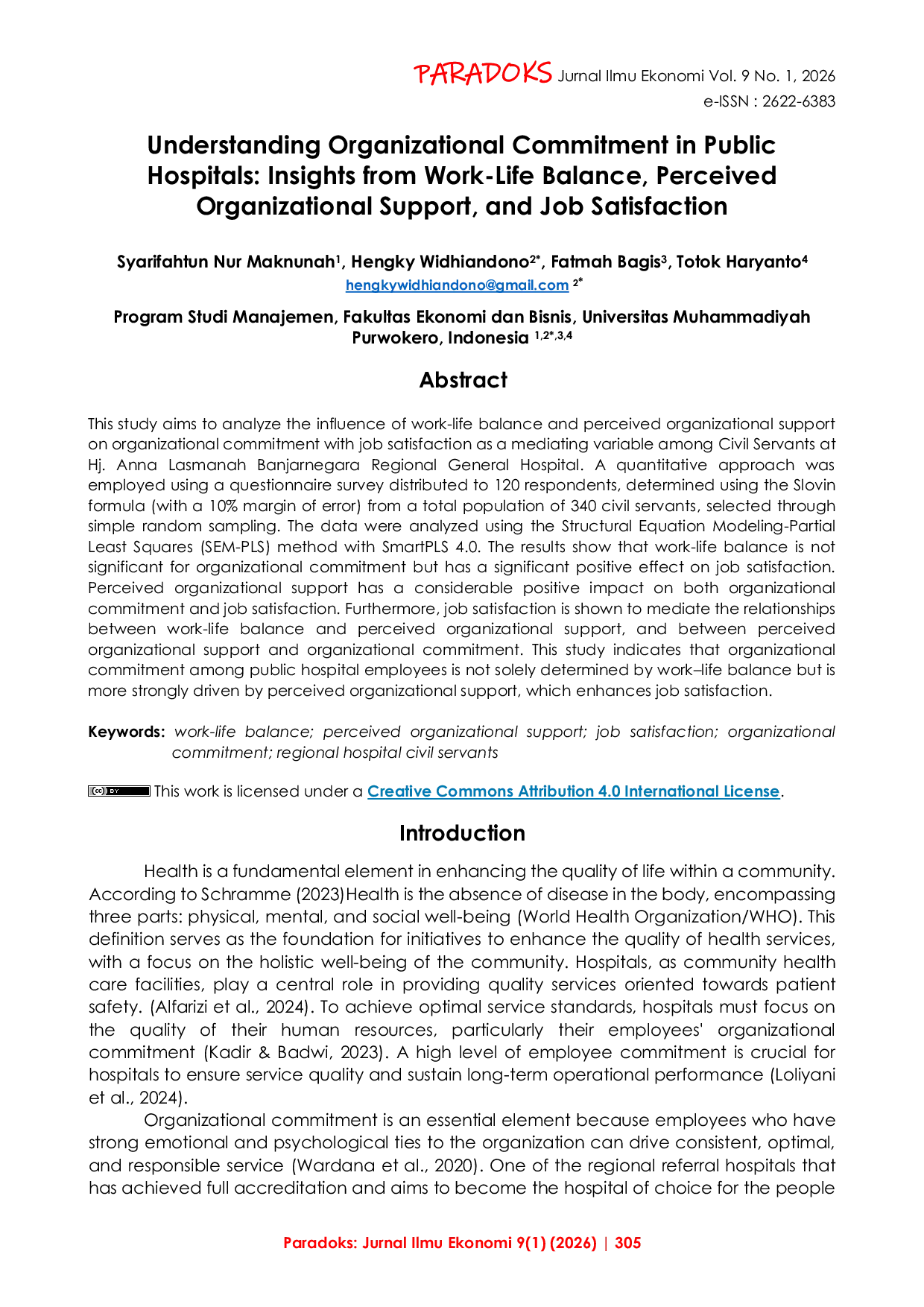 JURIS Understanding Organizational Commitment in Public Hospitals Insights from Work Life Balance Perceived Organizational Support and Job Satisfaction