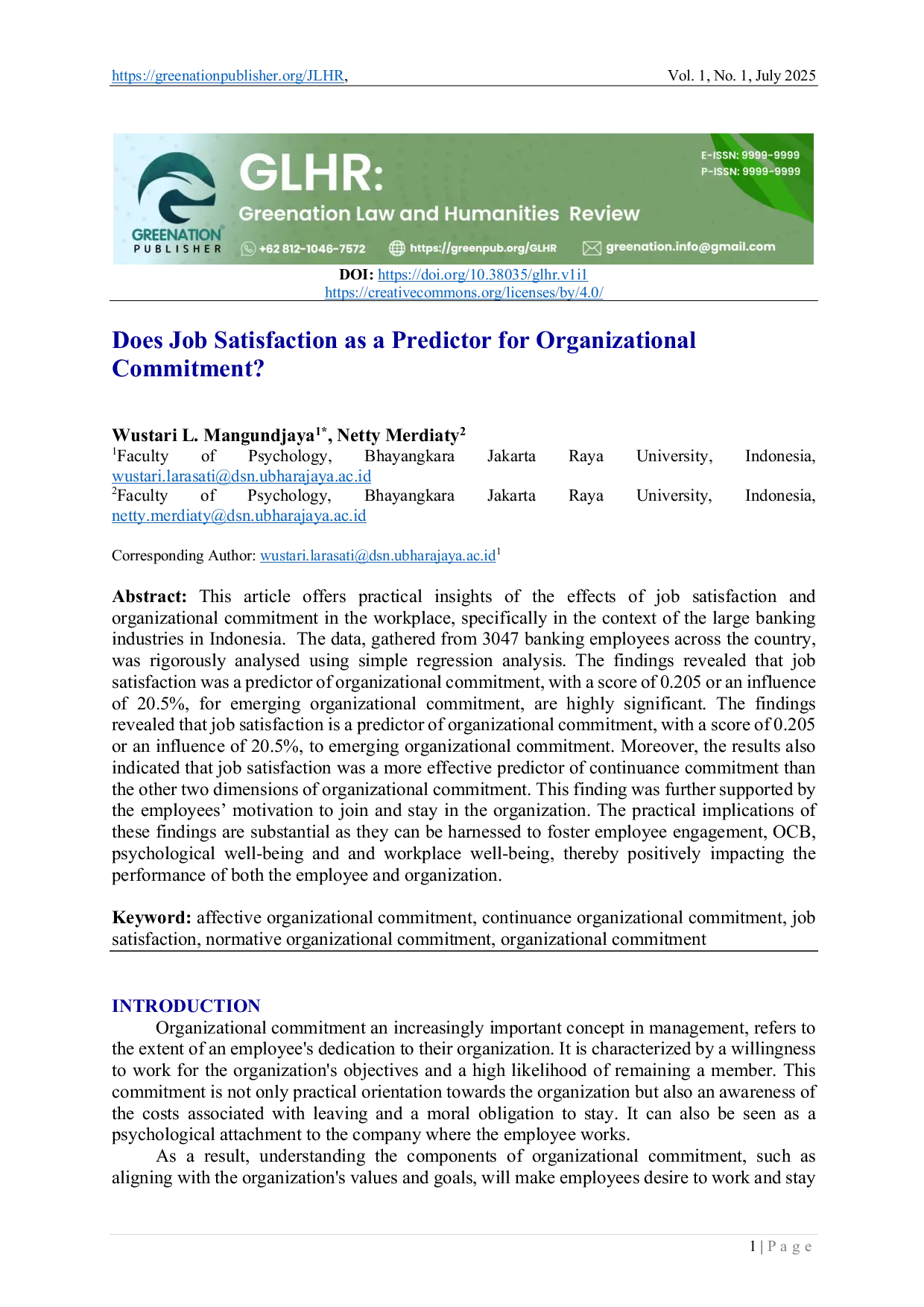 JURIS Does Job Satisfaction as a Predictor for Organizational Commitment