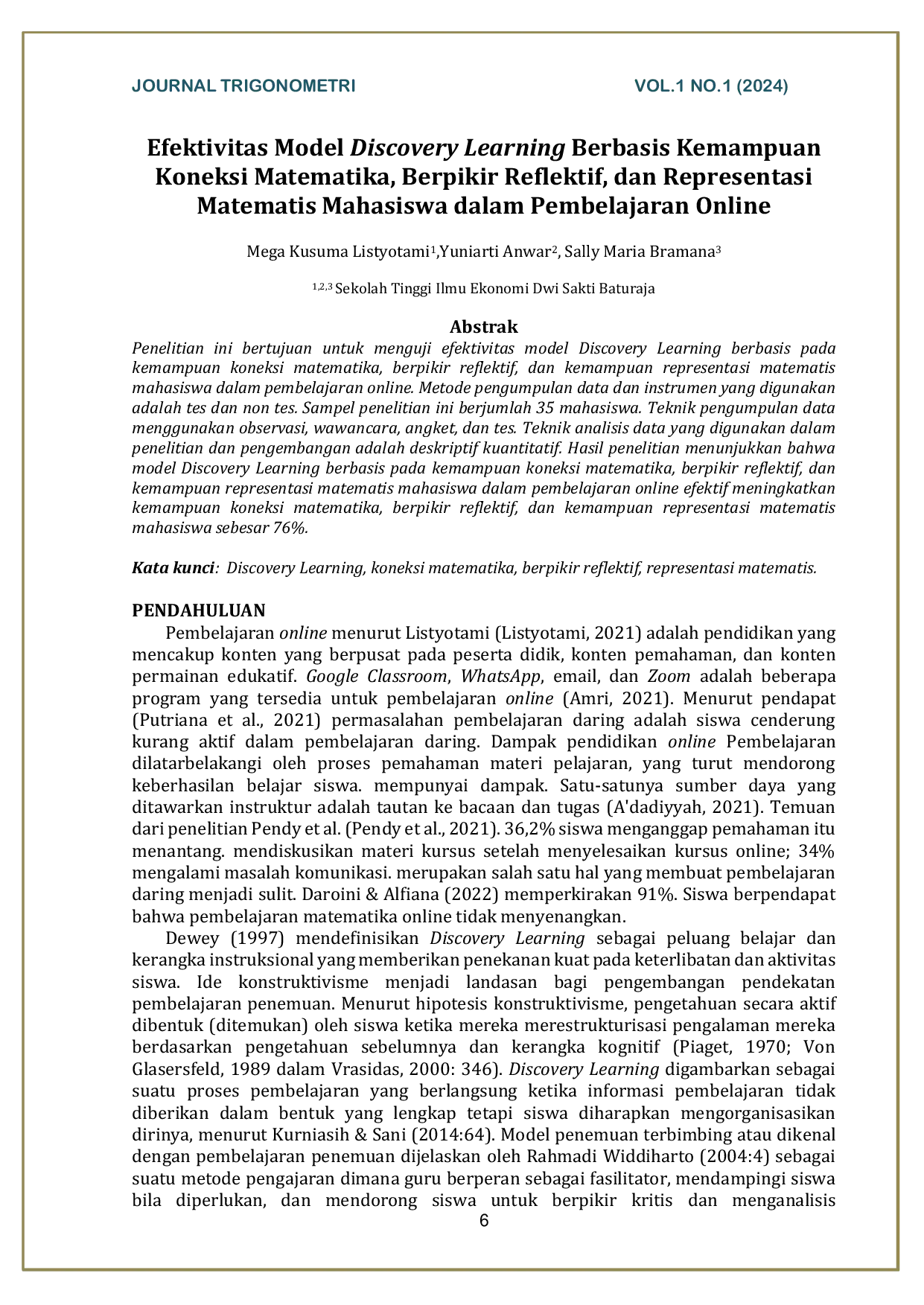 JURIS Efektivitas Model Discovery Learning Berbasis Kemampuan Koneksi Matematika Berpikir Reflektif Dan Representasi Matematis Mahasiswa Dalam Pembelajaran Online