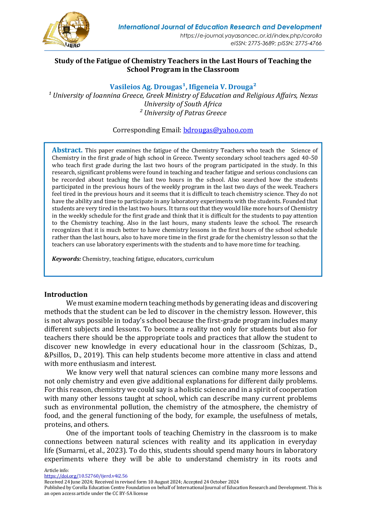 JURIS Study of the Fatigue of Chemistry Teachers in the Last Hours of Teaching the School Program in the Classroom