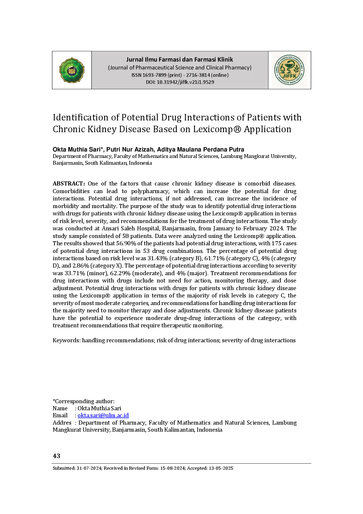 juris Identification of Potential Drug Interactions of Patients with Chronic Kidney Disease Based on Lexicomp Application