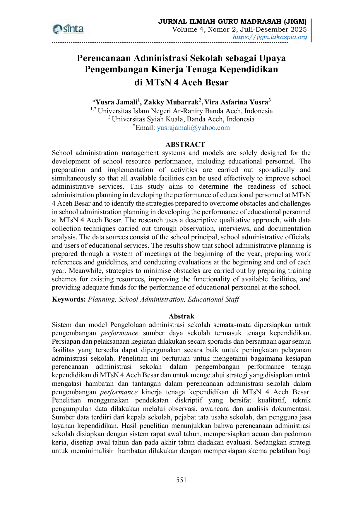 JURIS Perencanaan Administrasi Sekolah sebagai Upaya Pengembangan Kinerja Tenaga Kependidikan di MTsN 4 Aceh Besar