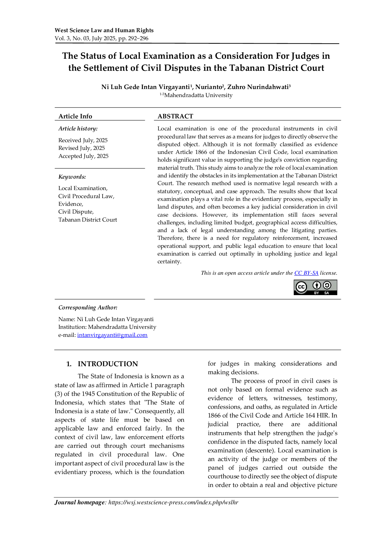 JURIS The Status of Local Examination as a Consideration For Judges in the Settlement of Civil Disputes in the Tabanan District Court