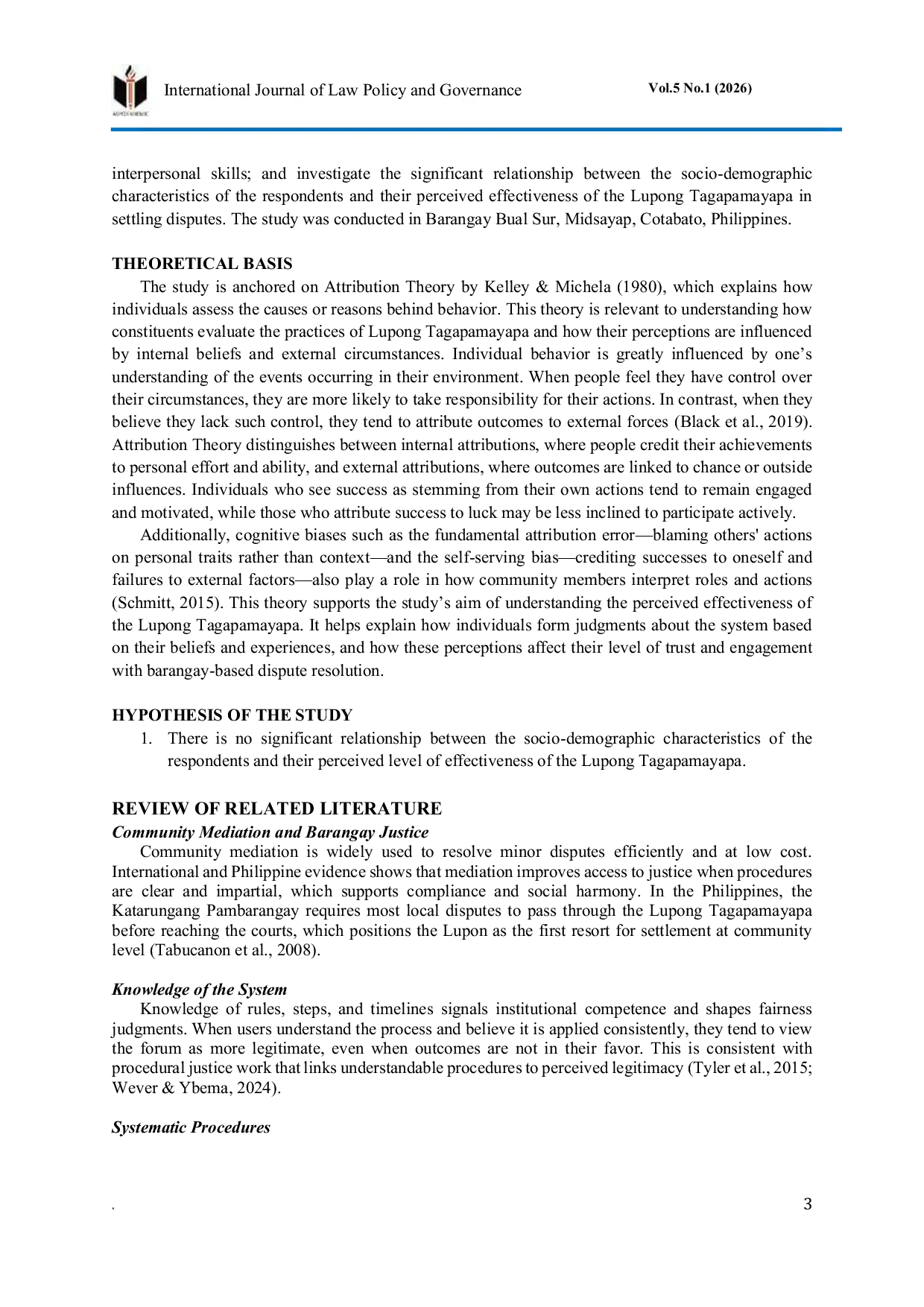 JURIS Evaluating the Resolving Disputes Practices of Lupong Tagapamayapa Constituents View from Barangay Bual Sur Midsayap Cotabato Philippines
