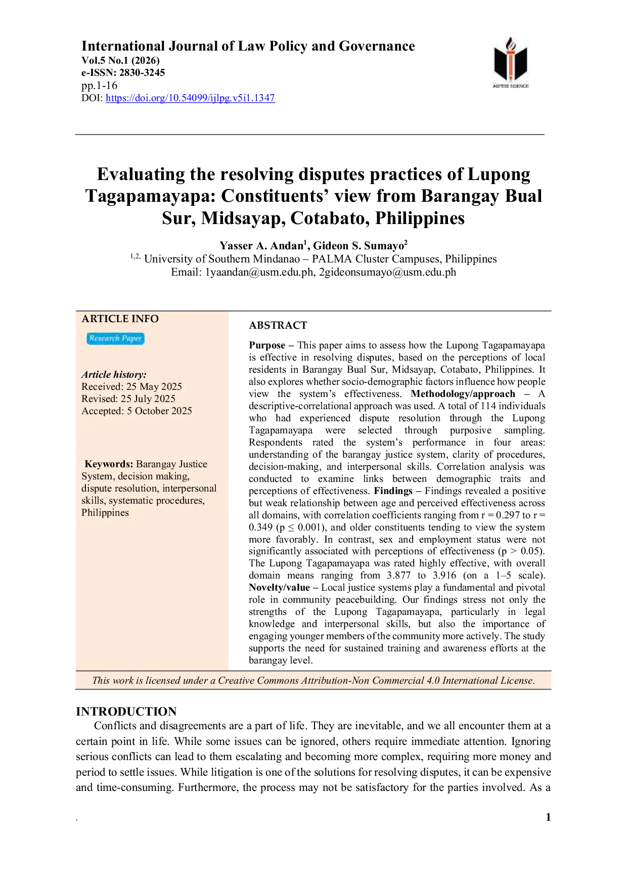 JURIS Evaluating the Resolving Disputes Practices of Lupong Tagapamayapa Constituents View from Barangay Bual Sur Midsayap Cotabato Philippines