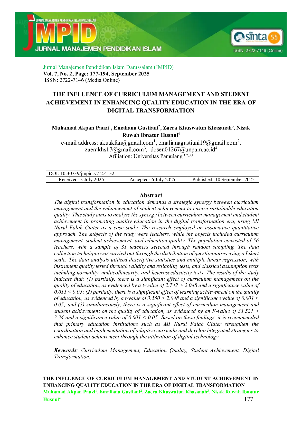 JURIS The Influence Of Curriculum Management And Student Achievement In Enhancing Quality Education In The Era Of Digital Transformation