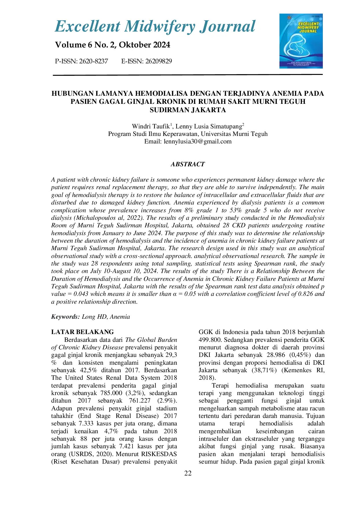 JURIS Hubungan Lamanya Hemodialisa dengan Terjadinya Anemia pada Pasien Gagal Ginjal Kronik di Rumah Sakit Murni Teguh Sudirman Jakarta