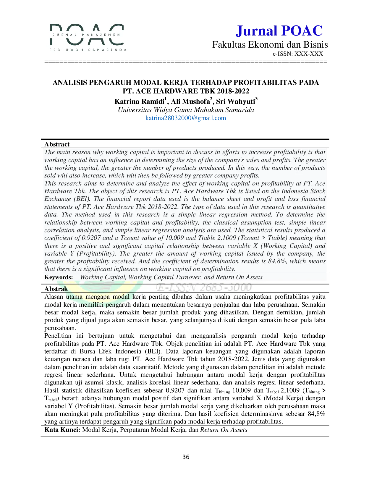 JURIS Analisis Pengaruh Modal Kerja Terhadap Profitabilitas Pada PT Ace Hardware Tbk 2018 2022