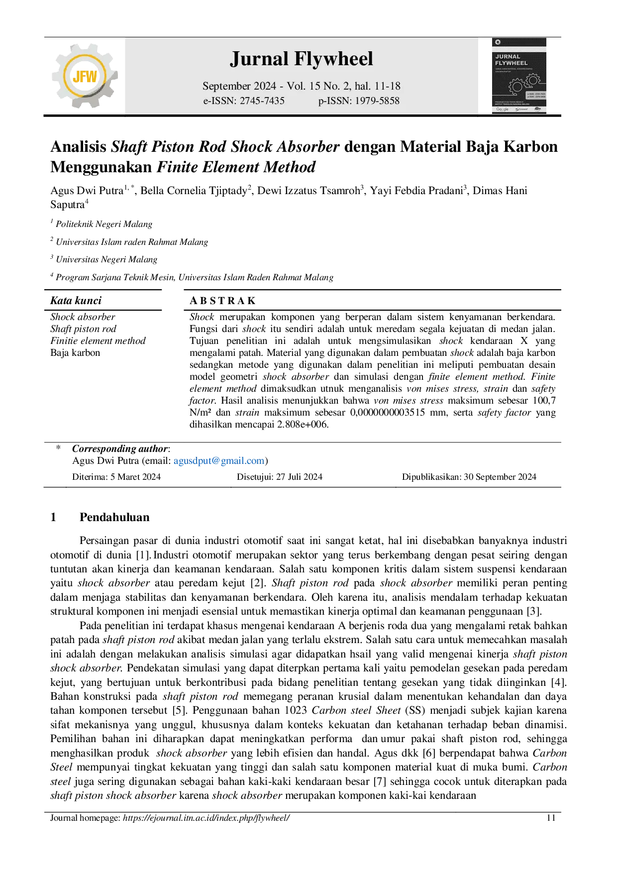 JURIS Analisis Shaft Piston Rod Shock Absorber dengan Material Baja Karbon Menggunakan Finite Element Method