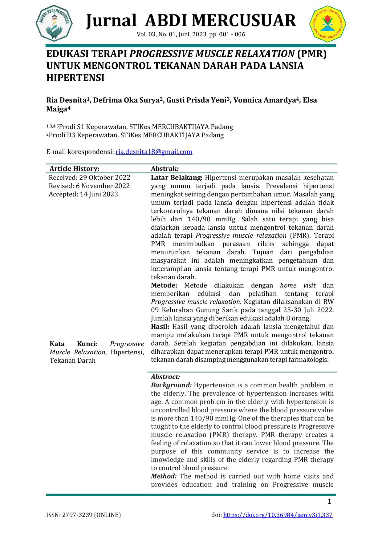 JURIS Edukasi Terapi Progressive Muscle Relaxation PMR untuk Mengontrol Tekanan Darah pada Lansia Hipertensi