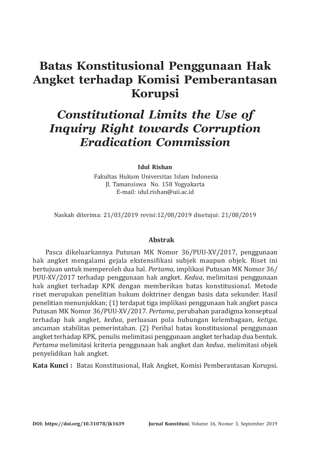 JURIS Batas Konstitusional Penggunaan Hak Angket Terhadap Komisi Pemberantasan Korupsi