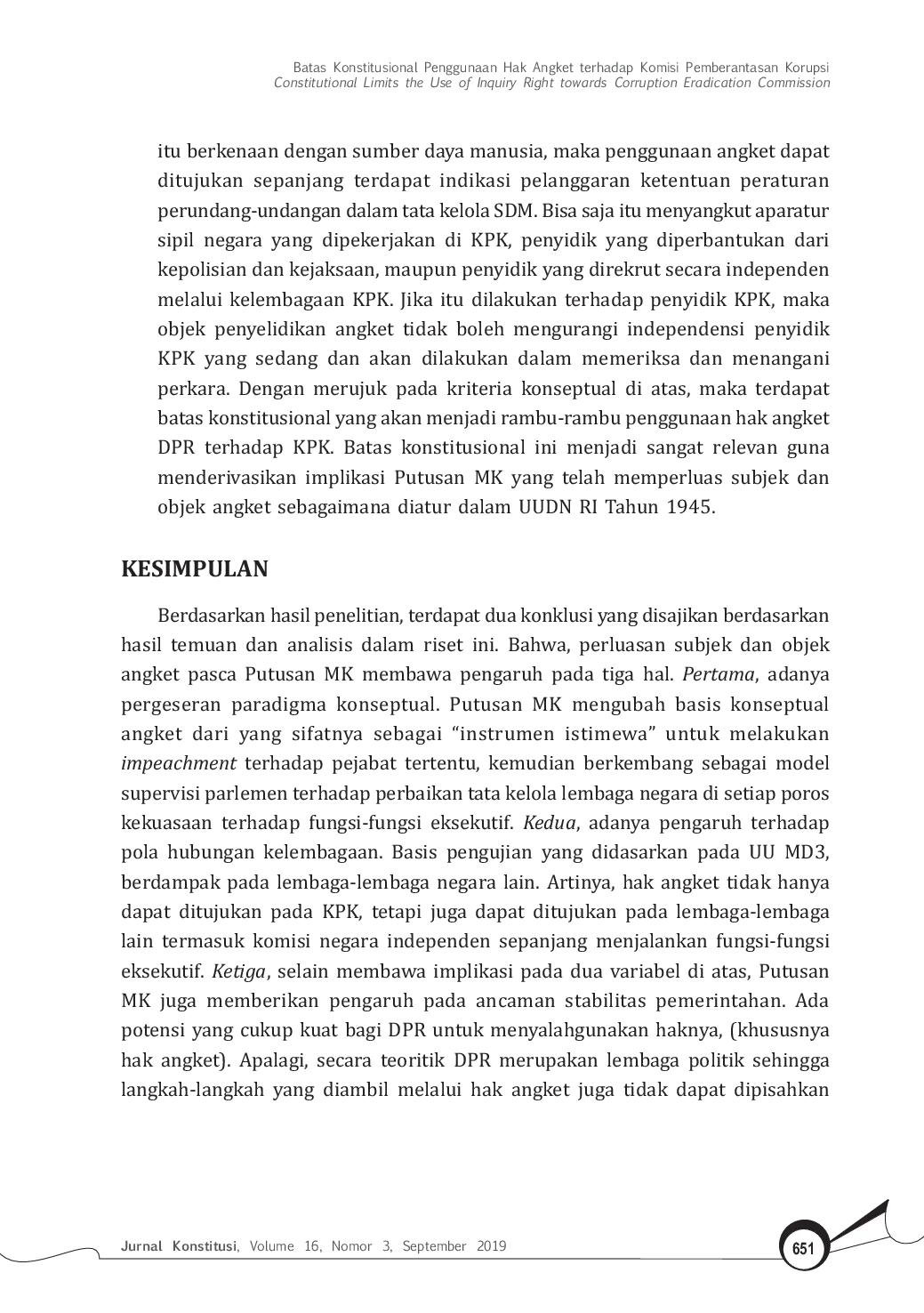 JURIS Batas Konstitusional Penggunaan Hak Angket Terhadap Komisi Pemberantasan Korupsi
