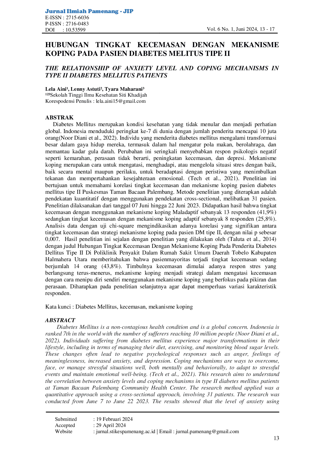 JURIS Hubungan Tingkat Kecemasan dengan Mekanisme Koping pada Pasien Diabetes Mellitus Tipe II