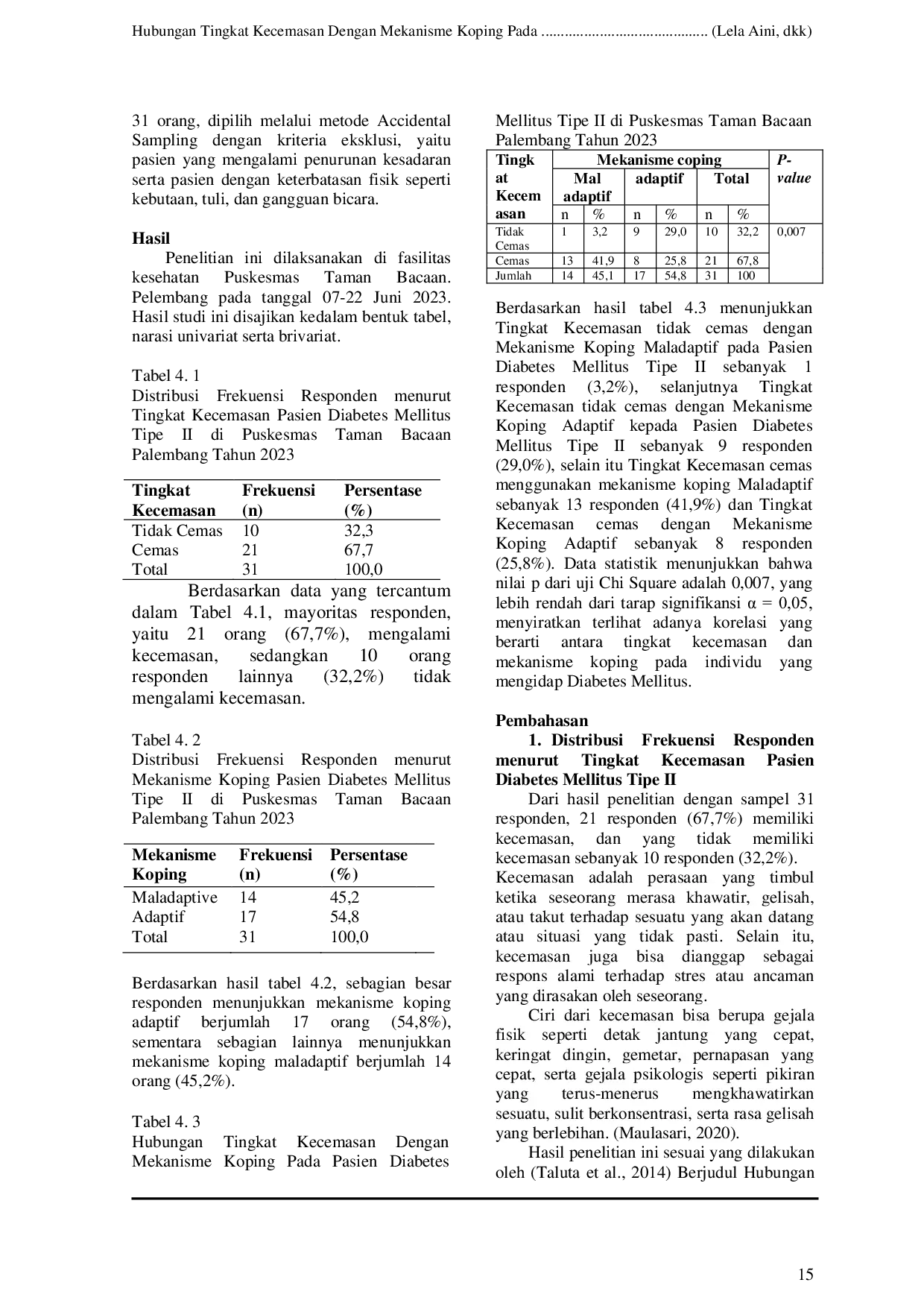 JURIS Hubungan Tingkat Kecemasan dengan Mekanisme Koping pada Pasien Diabetes Mellitus Tipe II