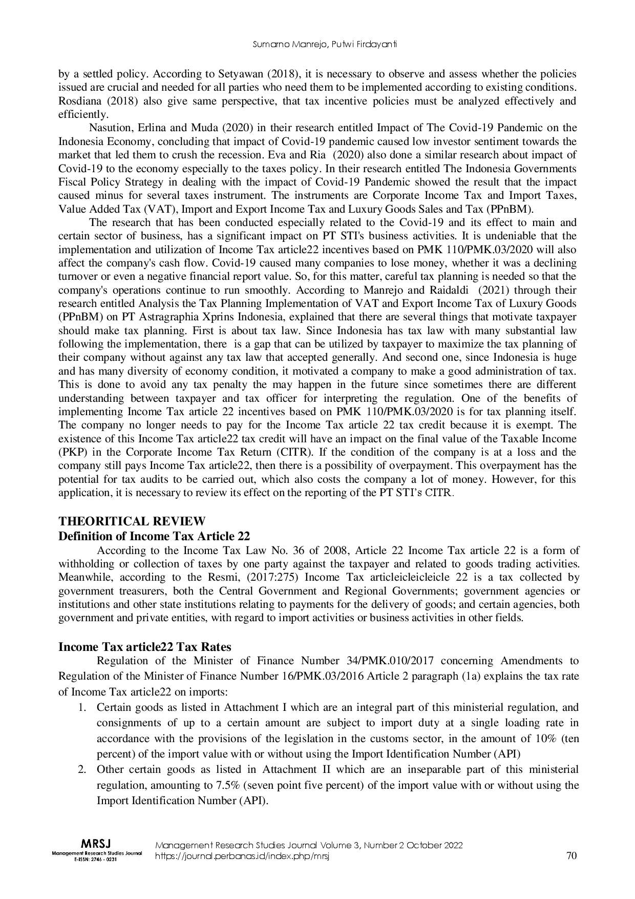 juris Implementation of Incentive Income Tax Article 22 to Business Sector Affected by Covid 19 Case Study PT STI