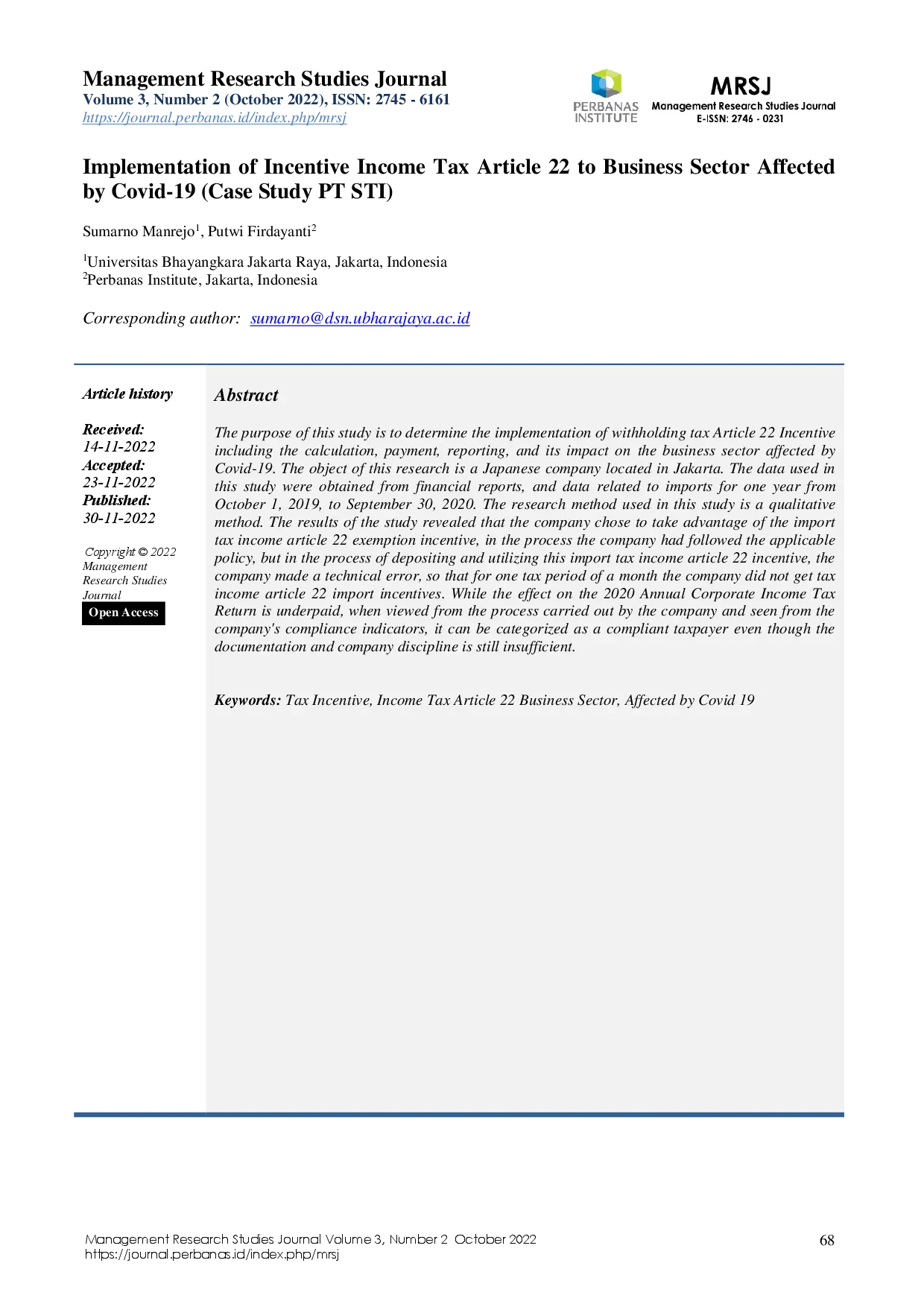 juris Implementation of Incentive Income Tax Article 22 to Business Sector Affected by Covid 19 Case Study PT STI