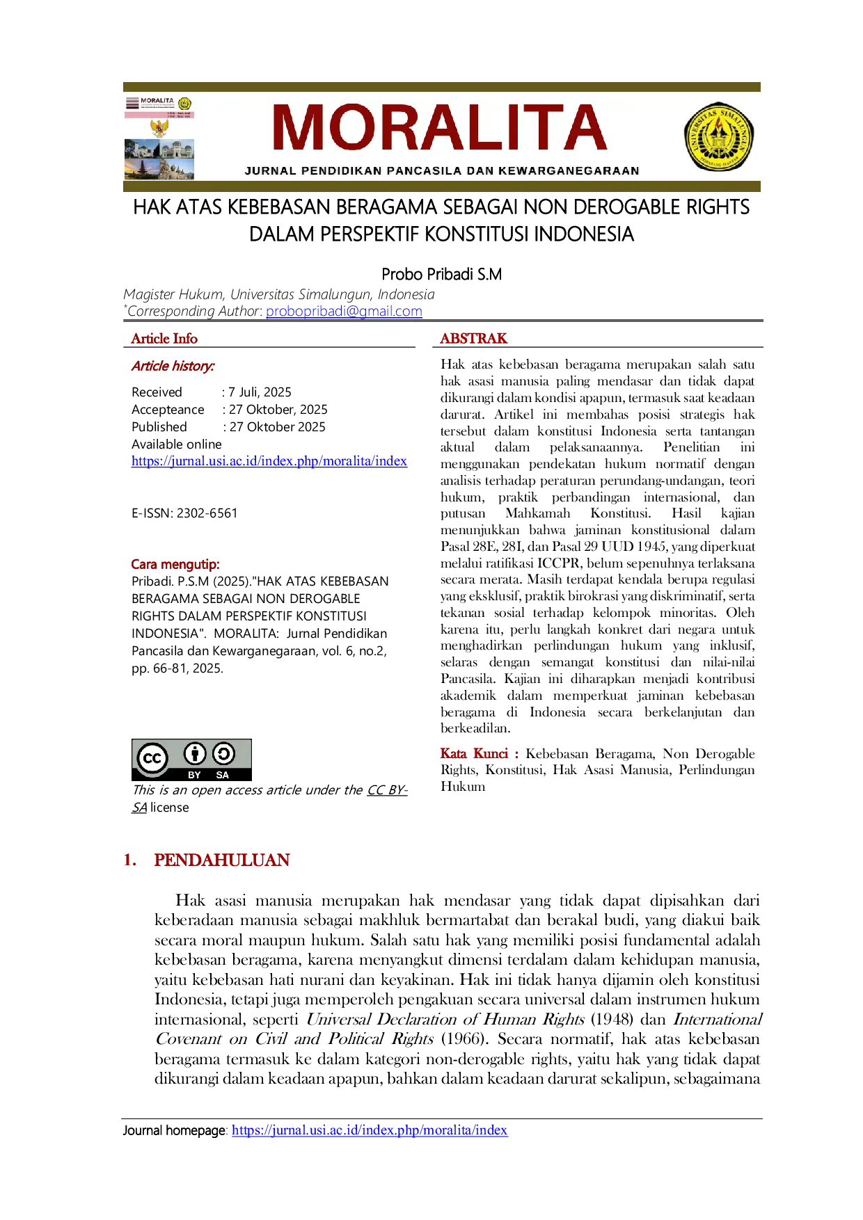 JURIS HAK ATAS KEBEBASAN BERAGAMA SEBAGAI NON DEROGABLE RIGHTS DALAM PERSPEKTIF KONSTITUSI INDONESIA